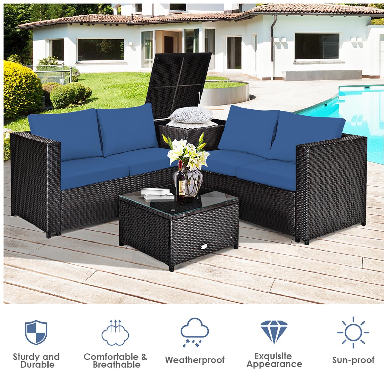 Costway 4PCS Outdoor Patio Rattan Furniture Set Cushioned Loveseat Storage Table
