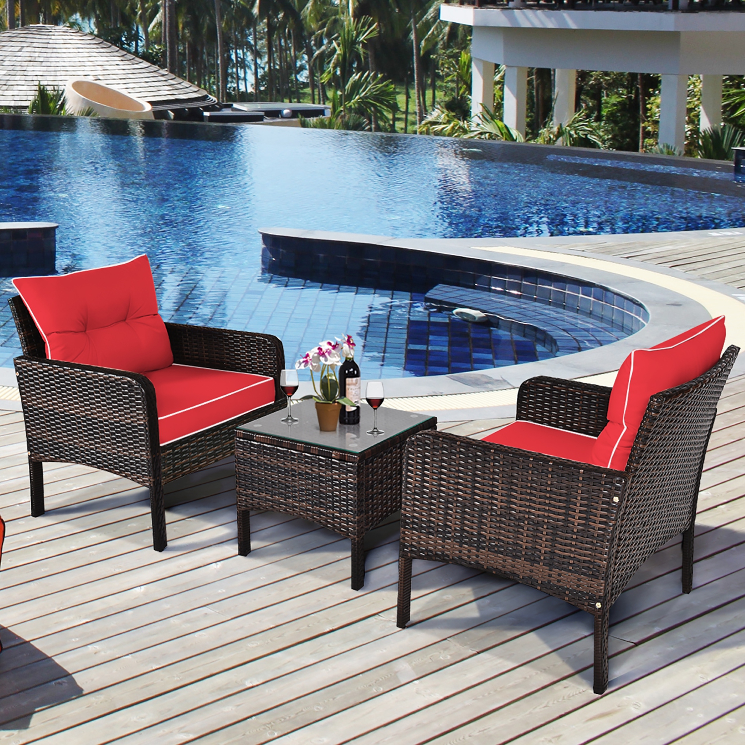 Costway 3PCS Outdoor Rattan Conversation Set Patio Garden Cushioned Sofa Chair