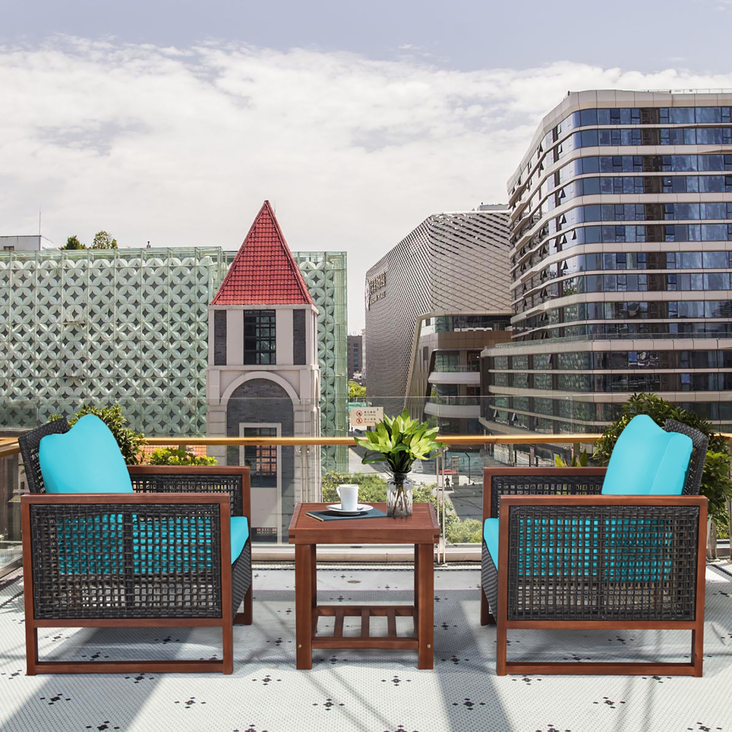 Costway 3PCS Patio Wicker Furniture Set Wooden Frame Cushion Sofa