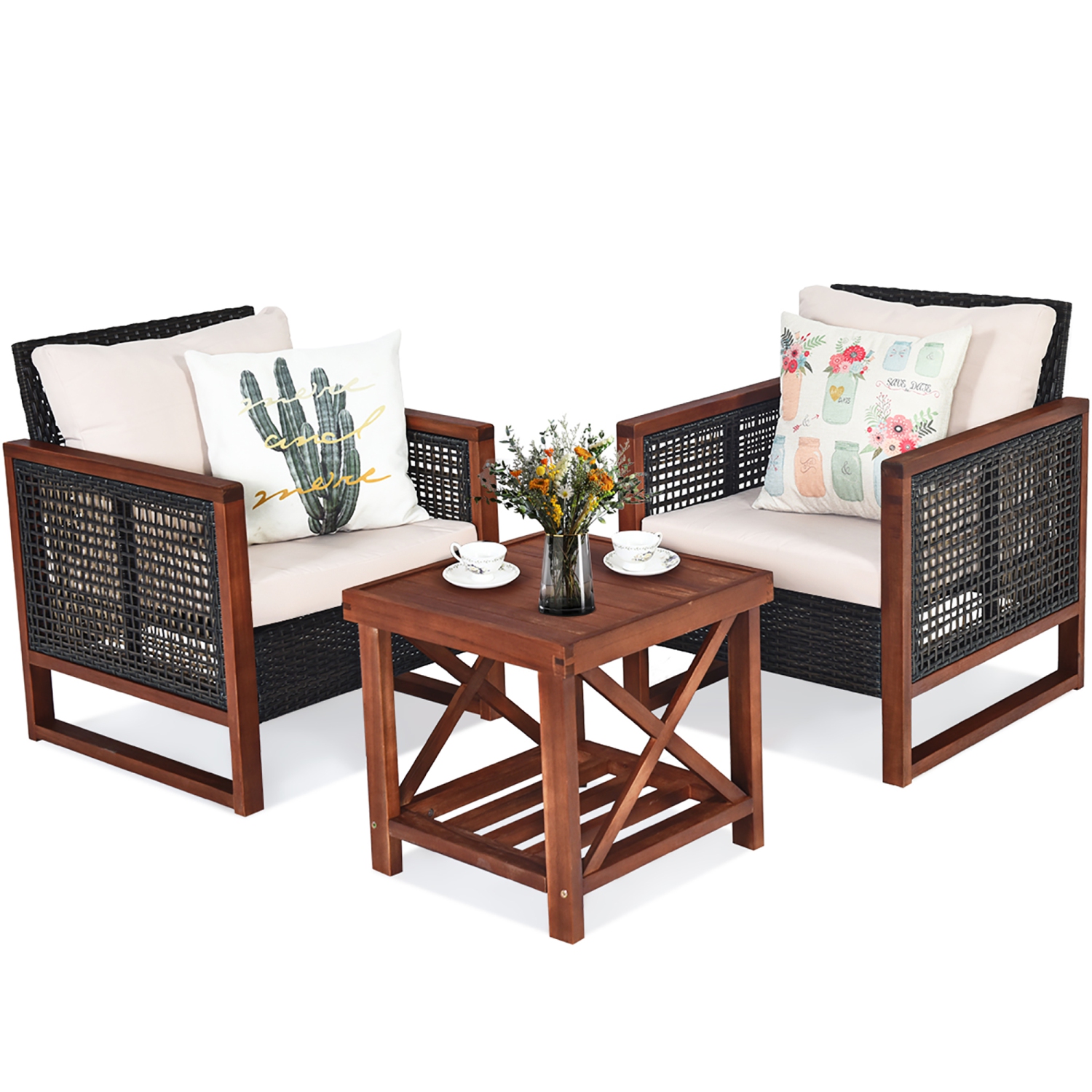 Costway 3PCS Patio Wicker Furniture Set Wooden Frame Cushion Sofa