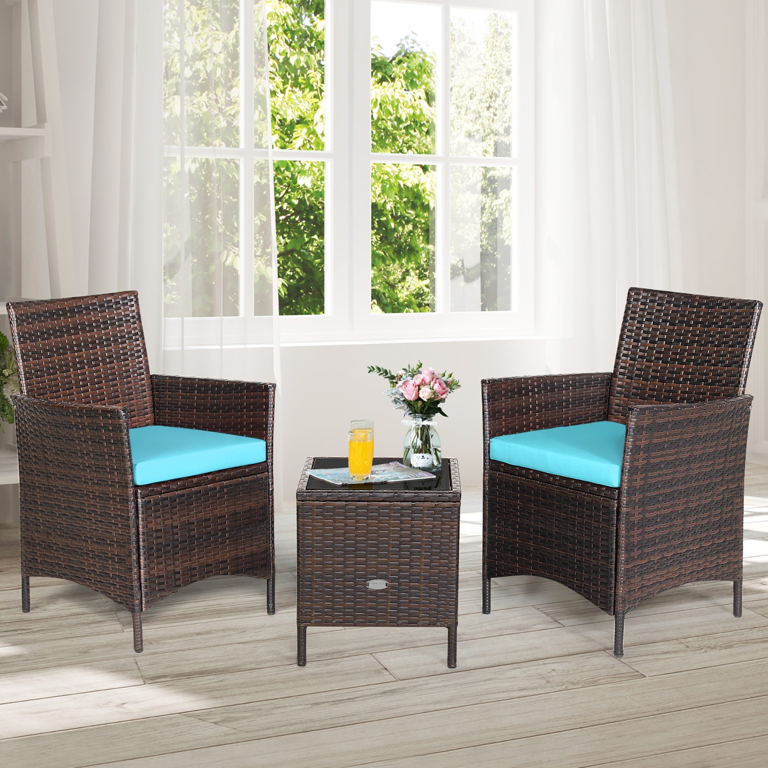 Costway 3PCS Patio Rattan Furniture Set Cushioned Sofa Glass Tabletop Deck