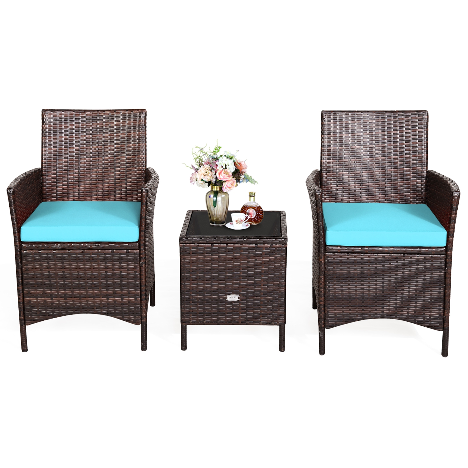 Costway 3PCS Patio Rattan Furniture Set Cushioned Sofa Glass Tabletop Deck