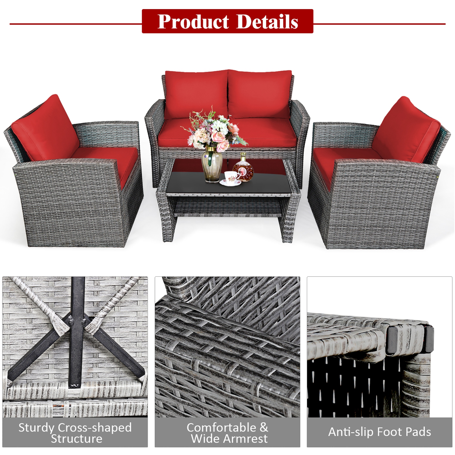 Costway 4PCS Patio Rattan Furniture Set Sofa Table W/Storage Shelf And Cushion