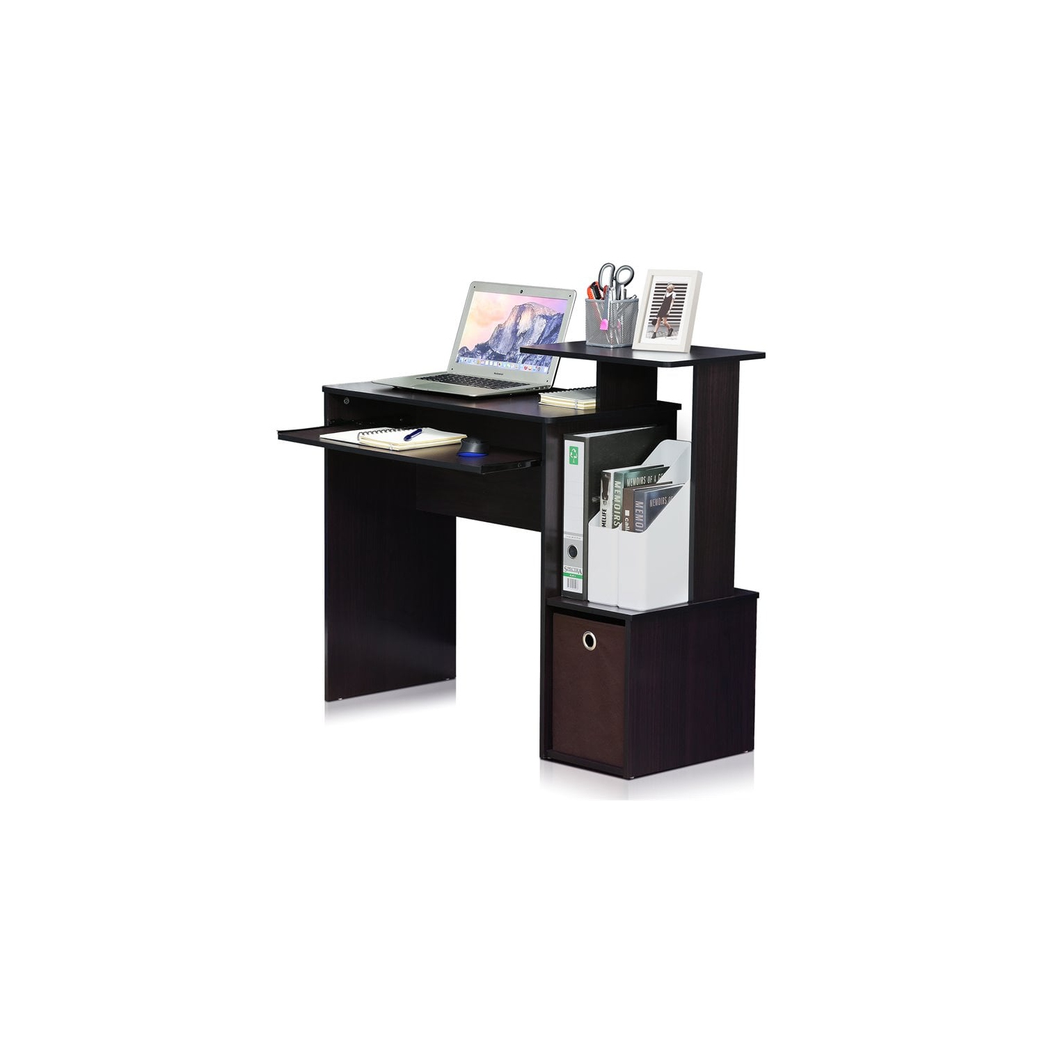 Furinno Econ Wood Multipurpose Computer Writing Desk w/Bin in Dark Walnut
