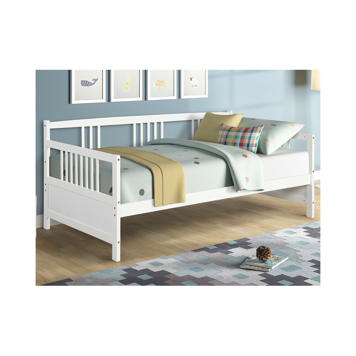 Gymax Twin Size Wooden Slats Daybed Bed Sofa Support Platform Sturdy W/Rails