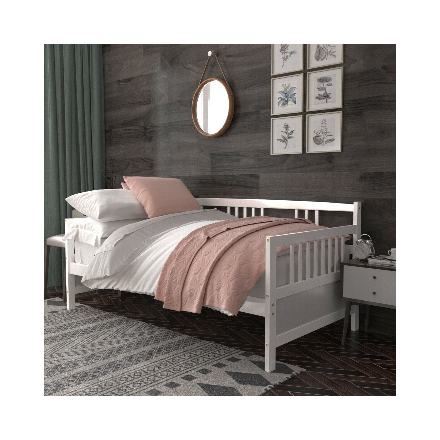 Gymax Twin Size Wooden Slats Daybed Bed Sofa Support Platform Sturdy W/Rails