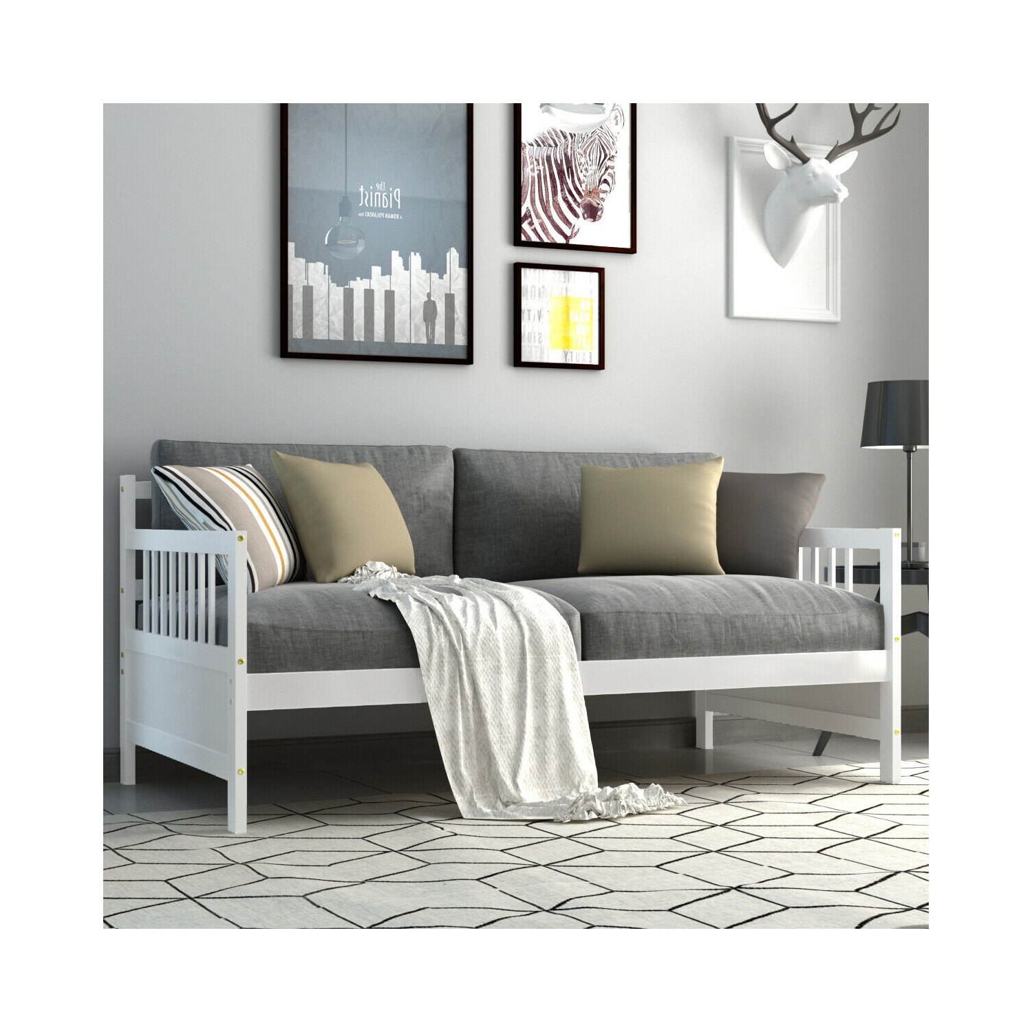 Gymax Twin Size Wooden Slats Daybed Bed Sofa Support Platform Sturdy W/Rails