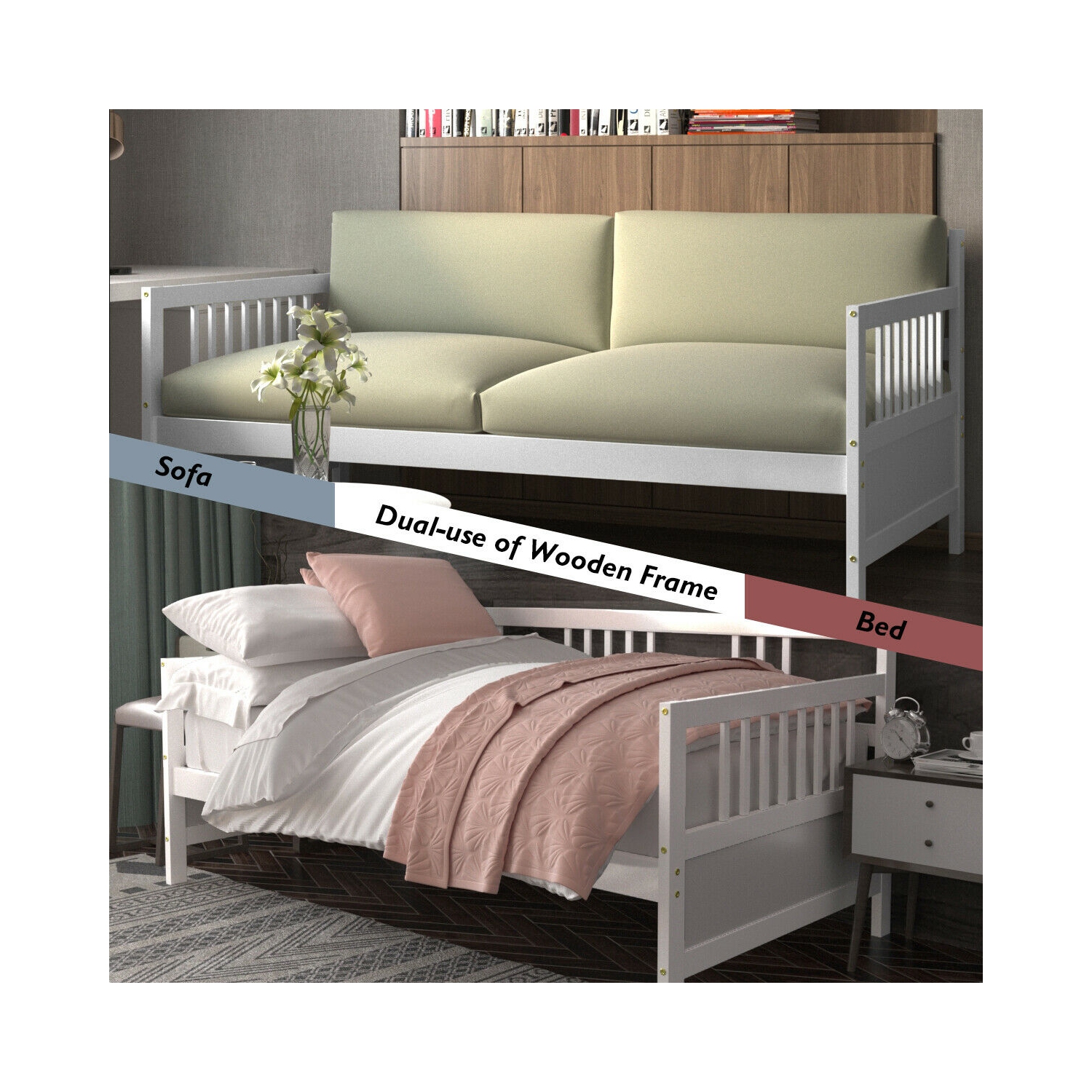 Gymax Twin Size Wooden Slats Daybed Bed Sofa Support Platform Sturdy W/Rails