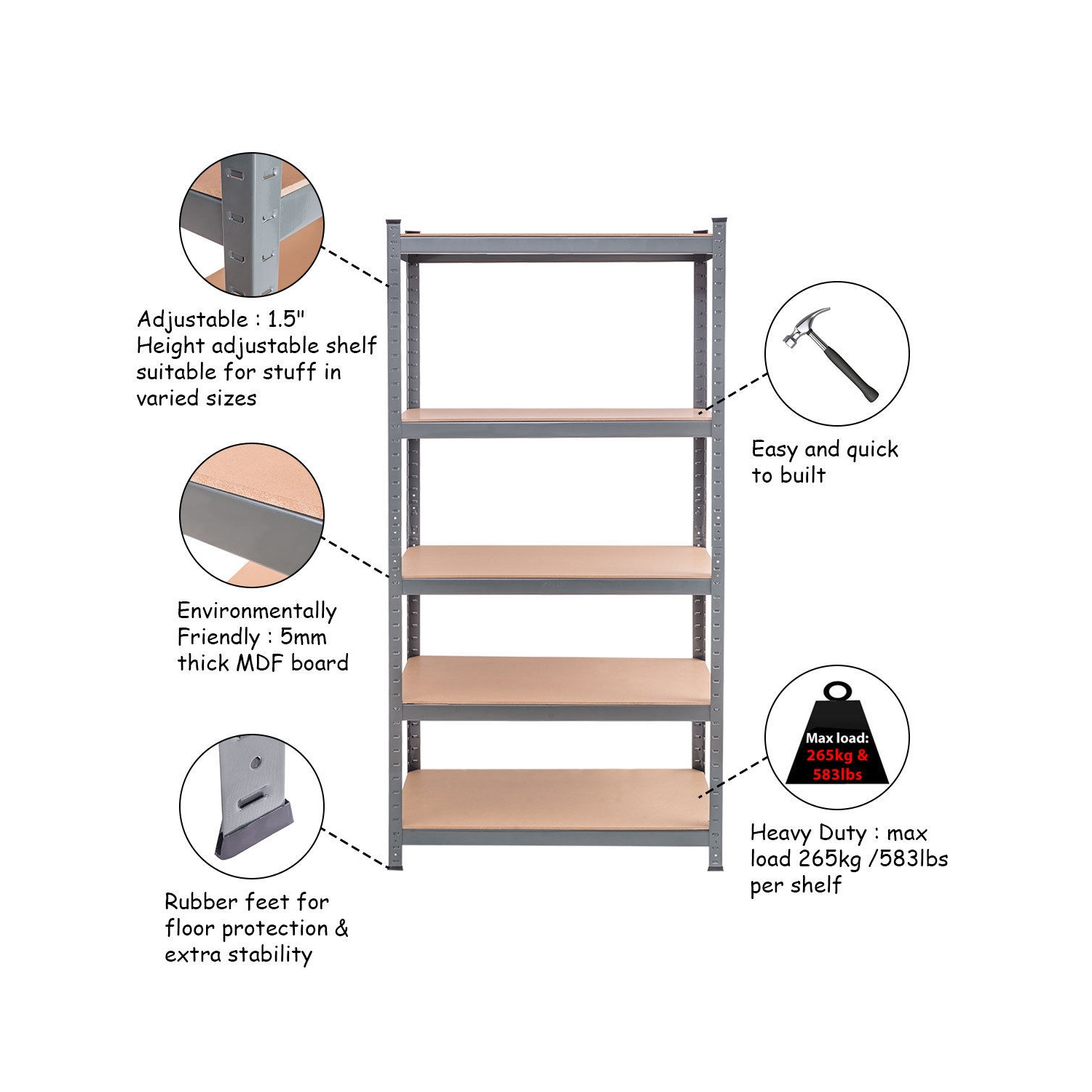 Gymax 72'' Heavy Duty Steel 5 Level Garage Shelf Metal Storage Adjustable Shelves Unit