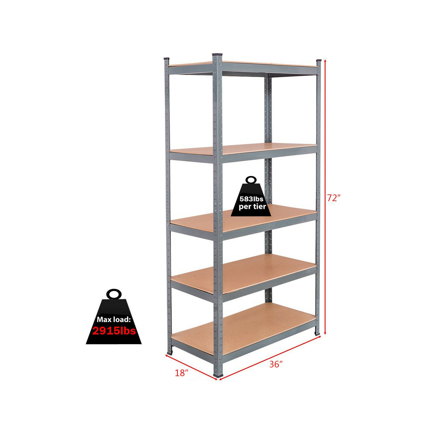 Gymax 72'' Heavy Duty Steel 5 Level Garage Shelf Metal Storage Adjustable Shelves Unit