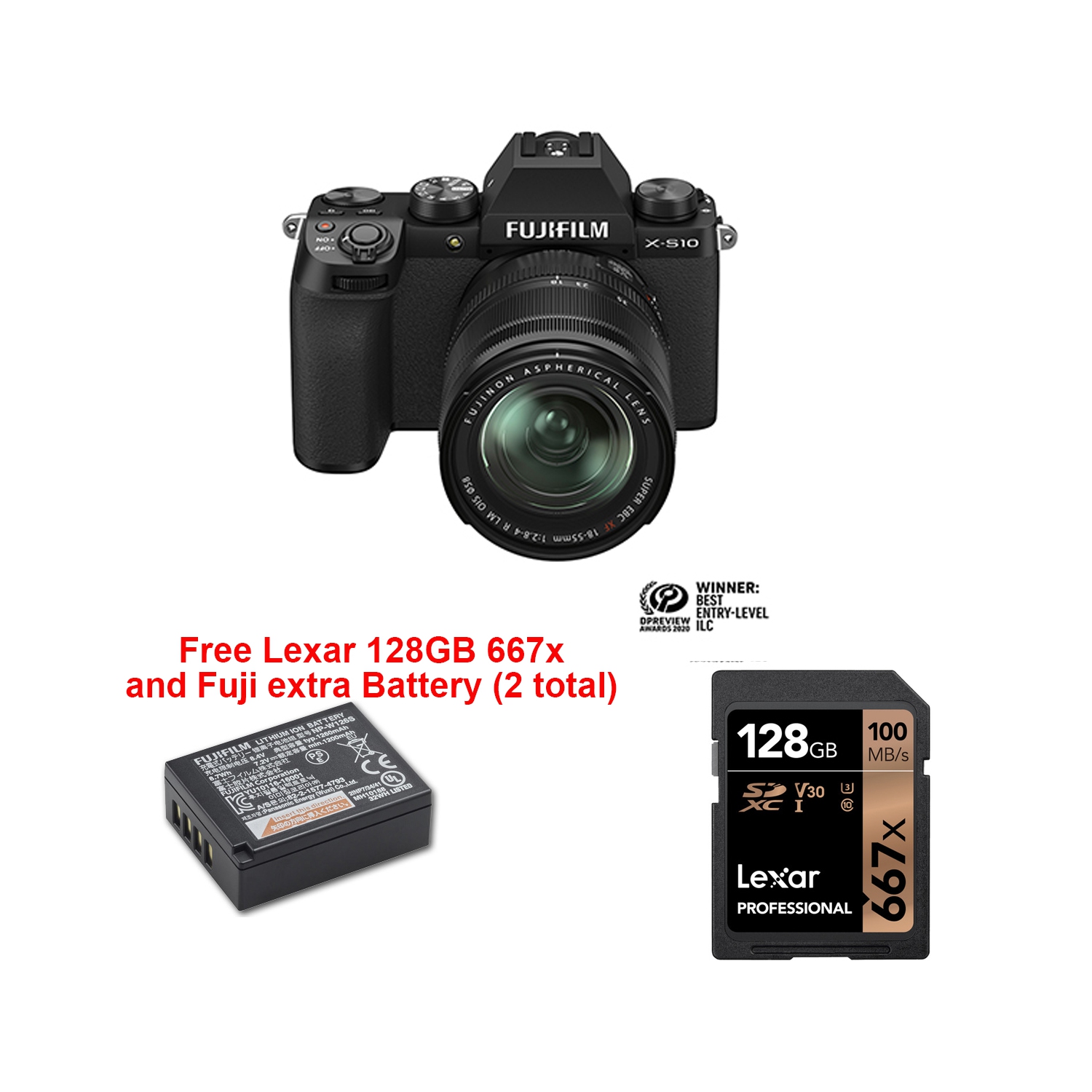 FUJIFILM X-S10/XF18-55MMF2.8-4 R with Fujifilm NP-W126S Battery Pack and Lexar Media 128GB 95MB/s SDXC Memory Card