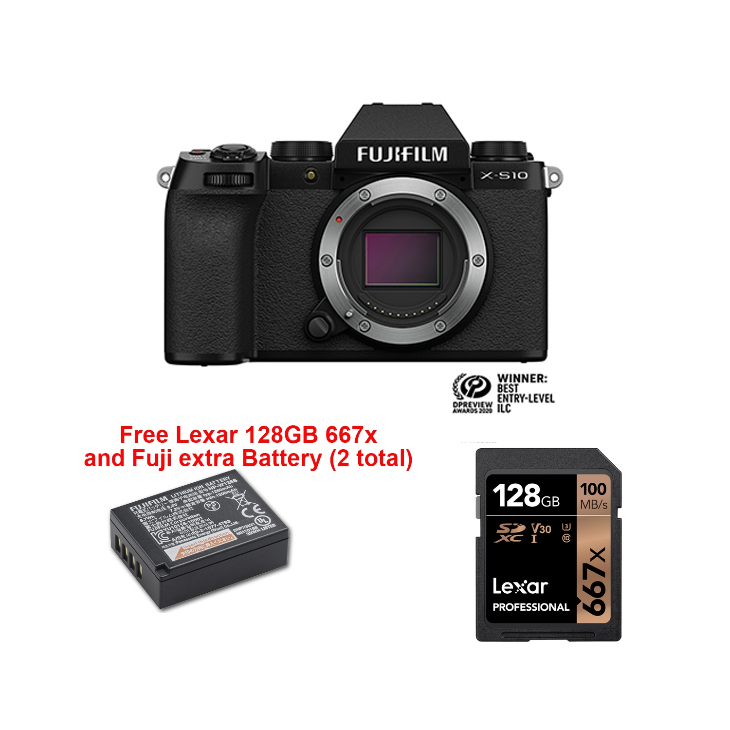 FUJIFILM X-S10 Mirrorless Digital Camera Black with Fujifilm NP-W126S Battery Pack and Lexar Media 128GB 95MB/s SDXC Memory Card