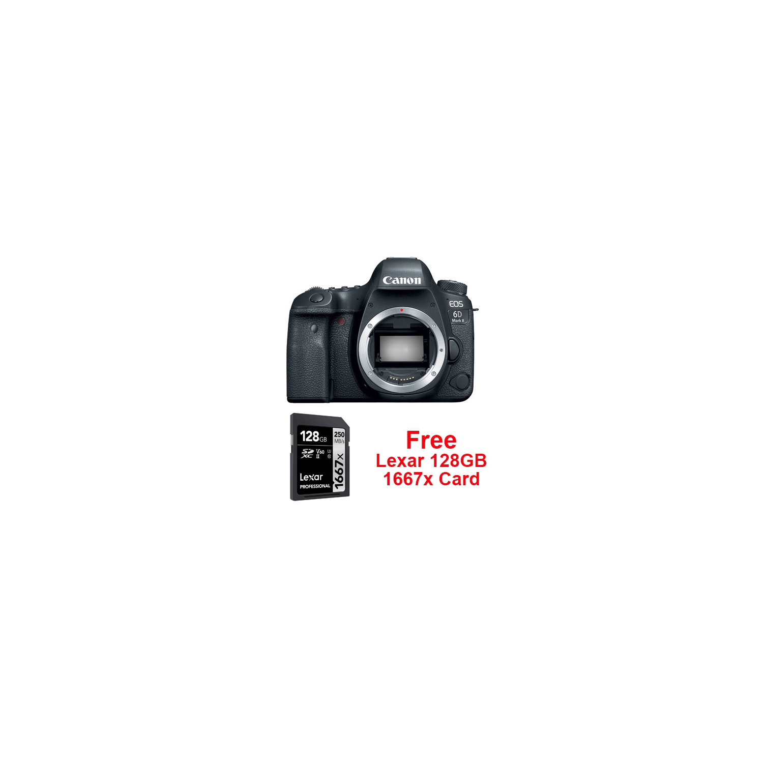 Canon EOS 6D Mark II Body + Lexar Professional 1667X 128GB SDXC Uhs-II/U3 Card.