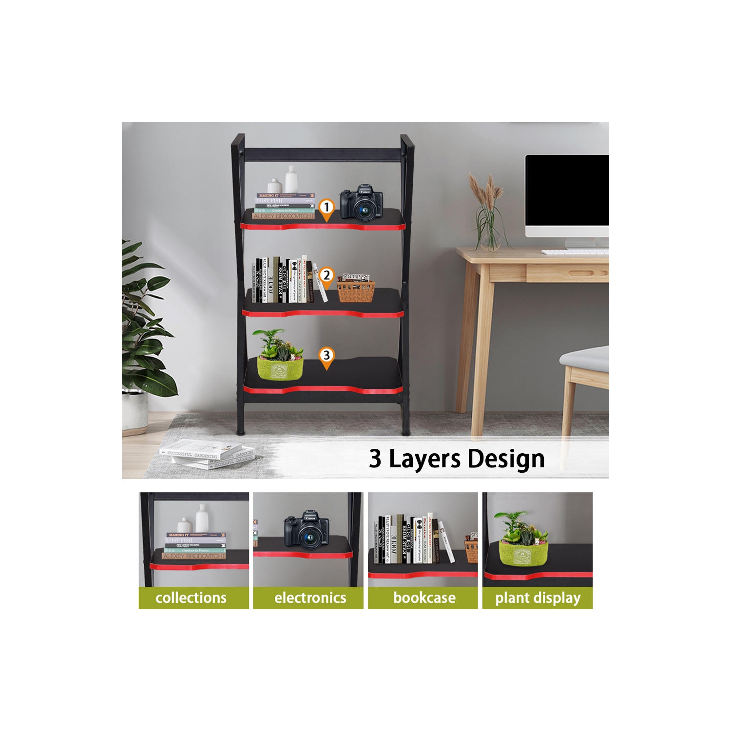 3-Tier Bookshelf Bookcase, Storage Shelves for Books and Plants, Metal Frame Home Office Display Rack