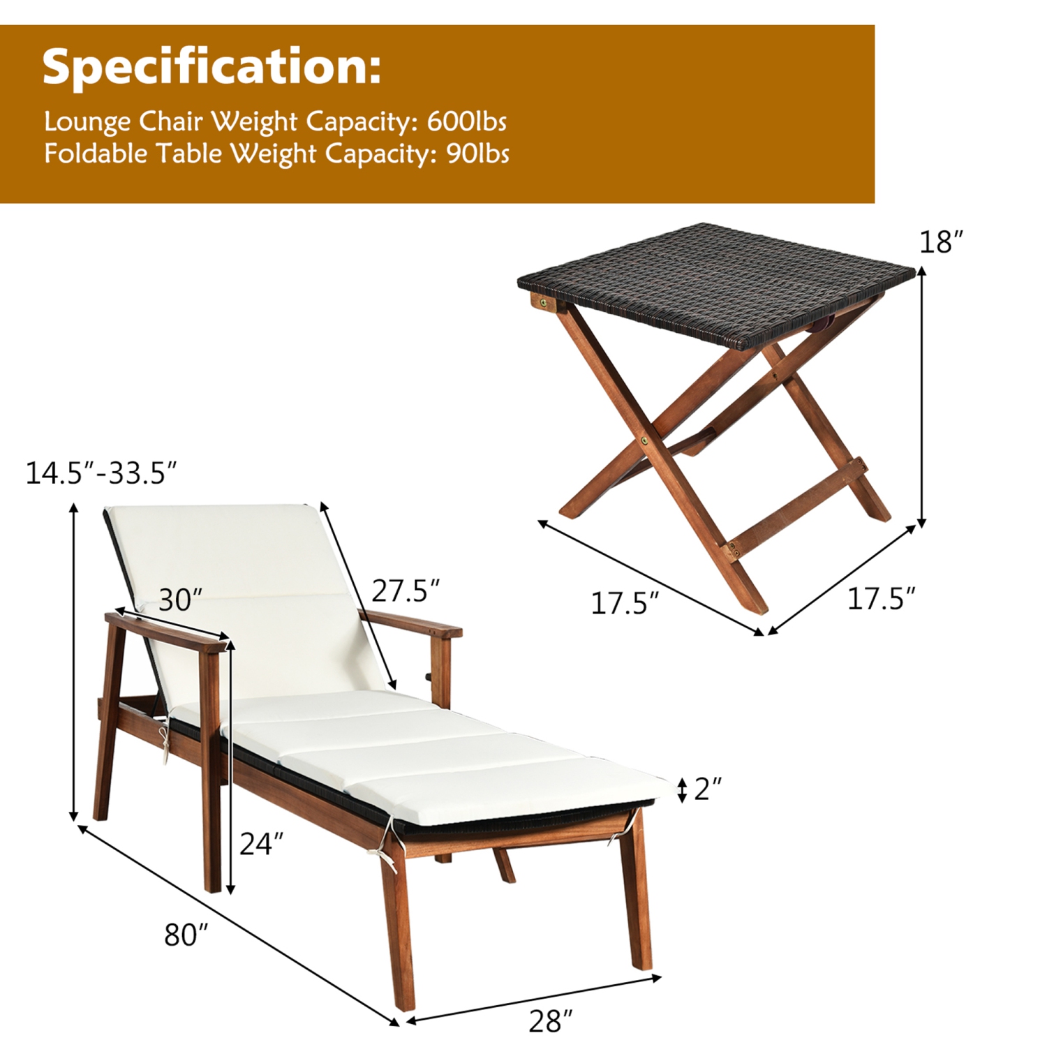 Gymax 3PCS Outdoor Patio Lounge Chair Set w/ Folding Table White Cushion
