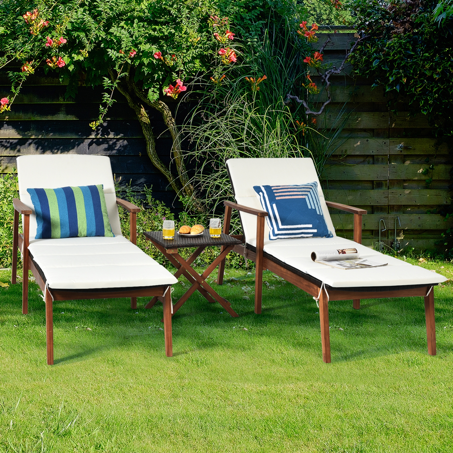 Gymax 3PCS Outdoor Patio Lounge Chair Set w/ Folding Table White Cushion