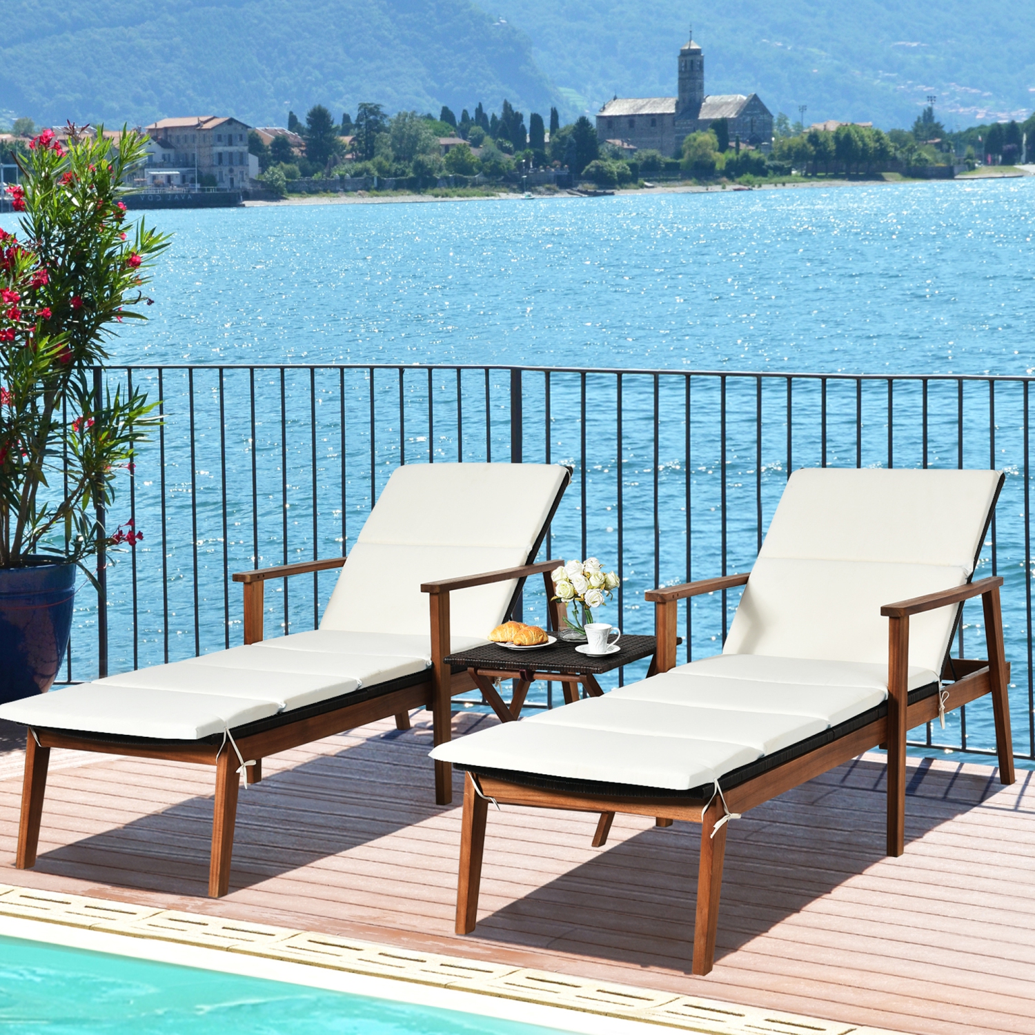 Gymax 3PCS Outdoor Patio Lounge Chair Set w/ Folding Table White Cushion