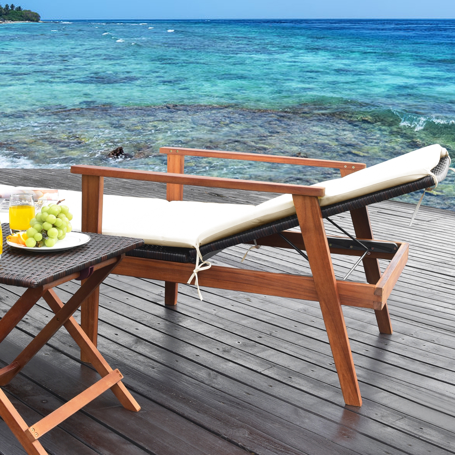 Gymax 3PCS Outdoor Patio Lounge Chair Set w/ Folding Table White Cushion