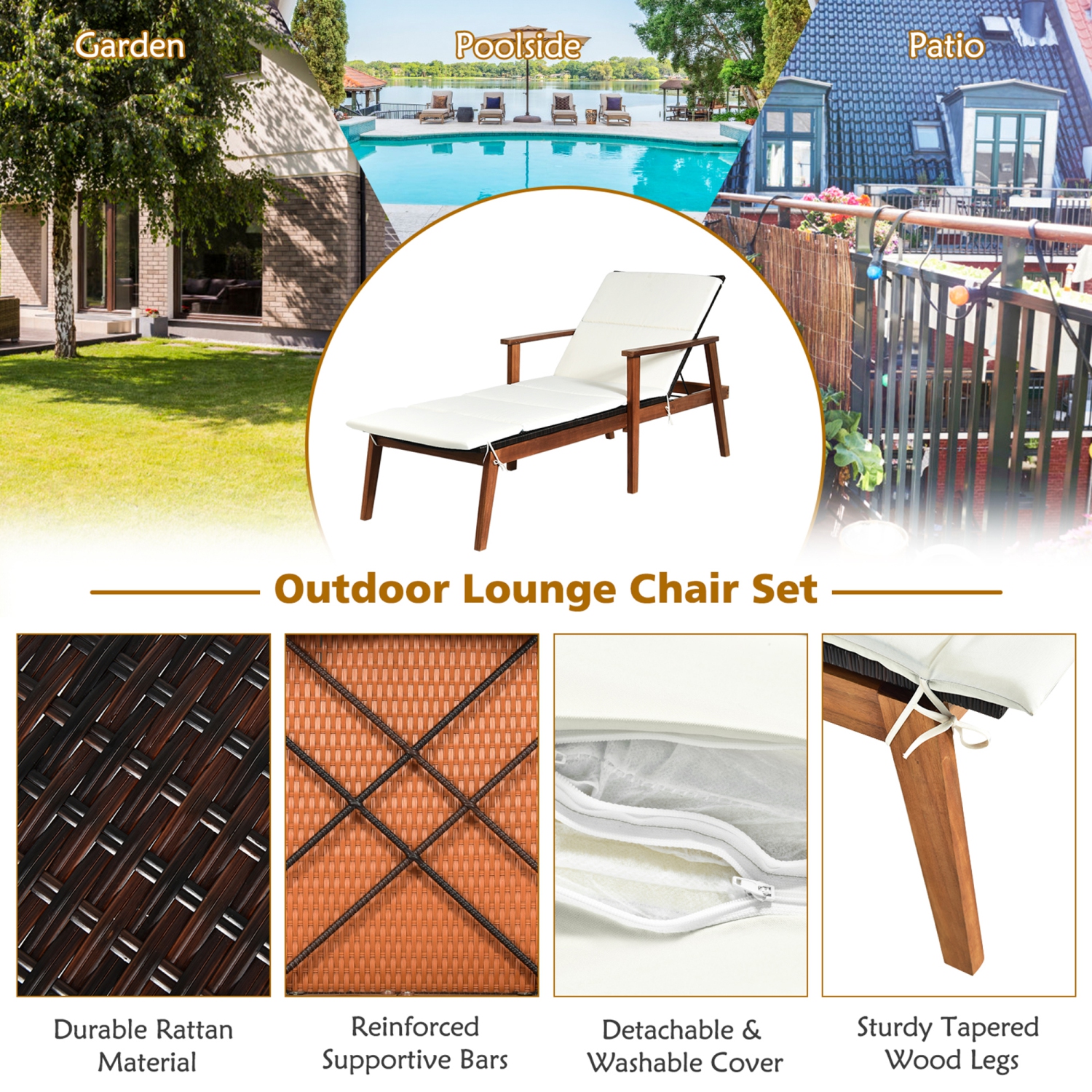 Gymax 3PCS Outdoor Patio Lounge Chair Set w/ Folding Table White Cushion