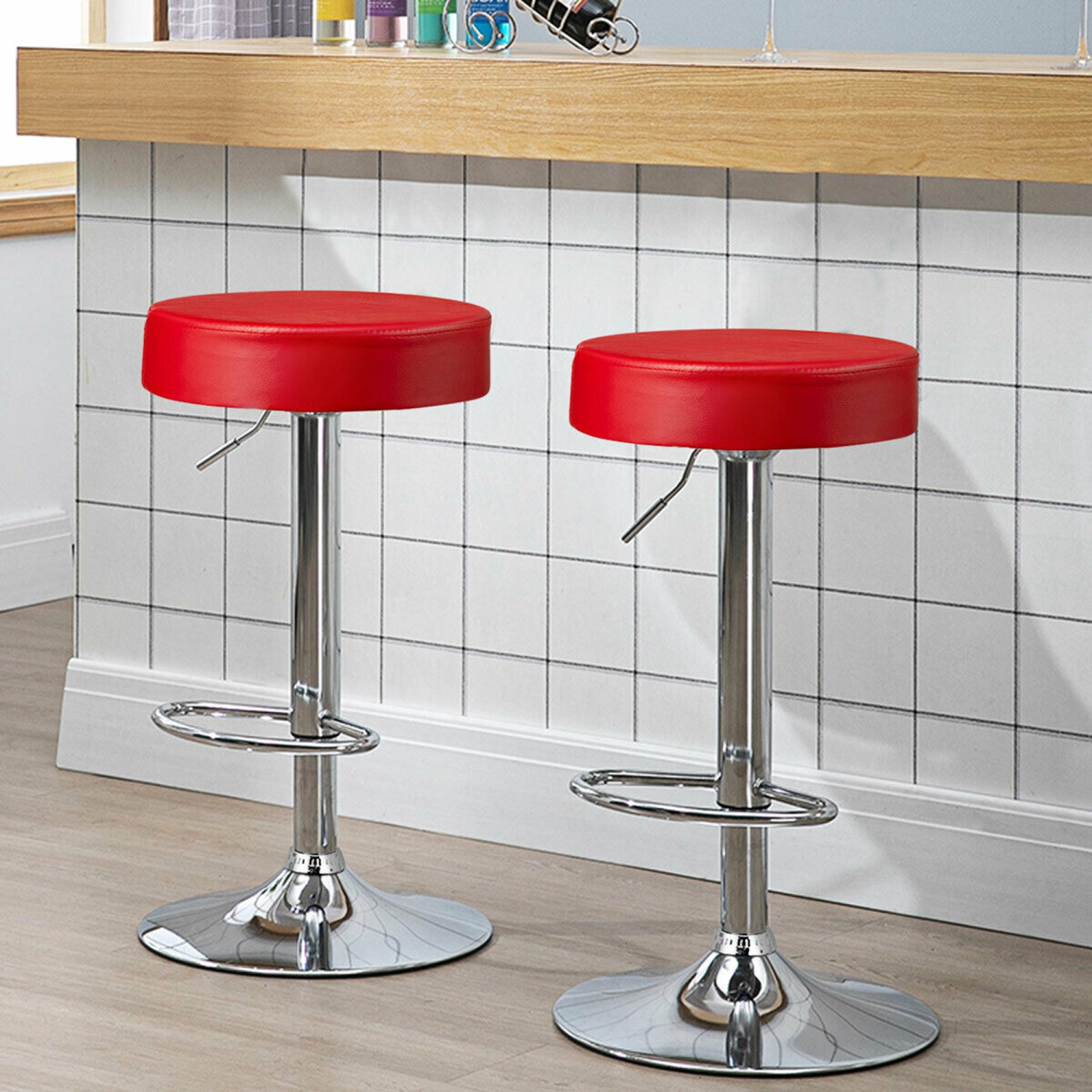 Gymax 2PCS Adjustable Swivel Bar Stool PU Leather Kitchen Counter Bar Chairs Red