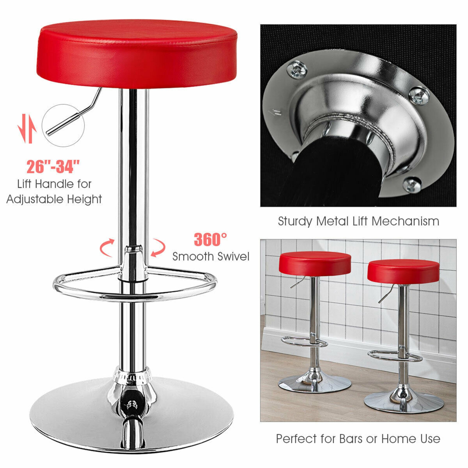 Gymax 2PCS Adjustable Swivel Bar Stool PU Leather Kitchen Counter Bar Chairs Red