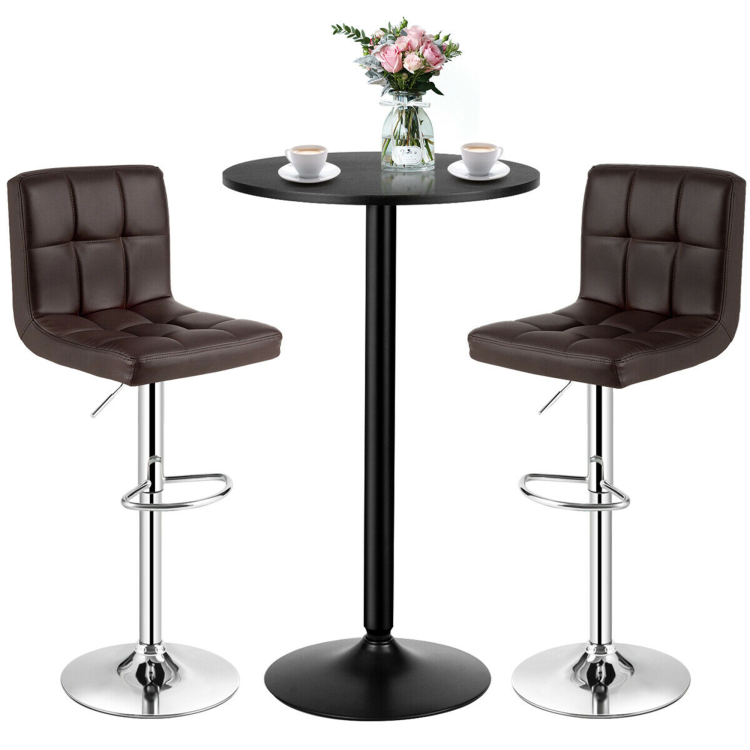 Gymax 3PCS Pub Table Set 24'' Round Bar Table & 2 Adjustable Bar Stools