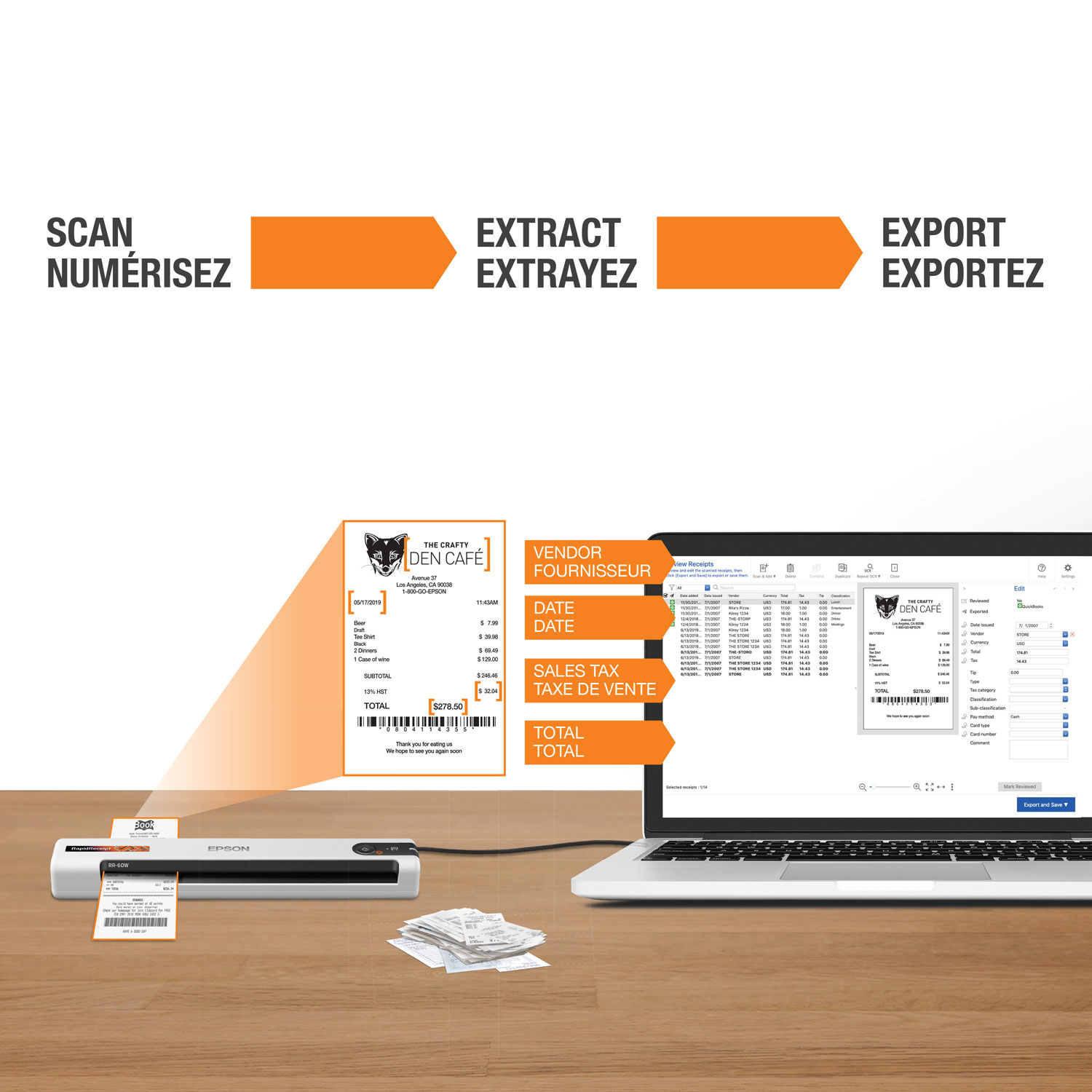 Numériseur portatif couleur documents et reçus RapidReceipt RR-60 d'Epson