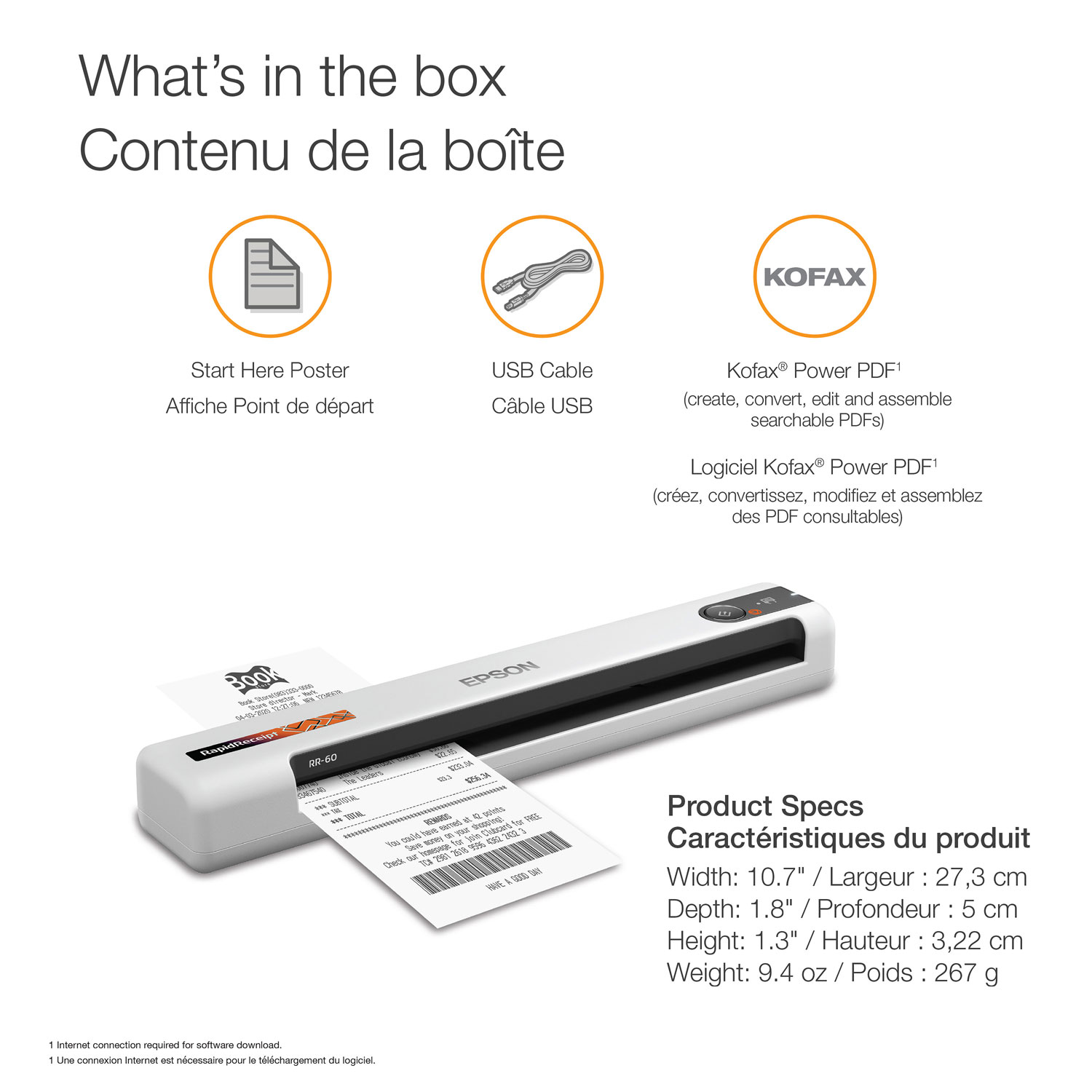 Numériseur portatif couleur documents et reçus RapidReceipt RR-60 d'Epson