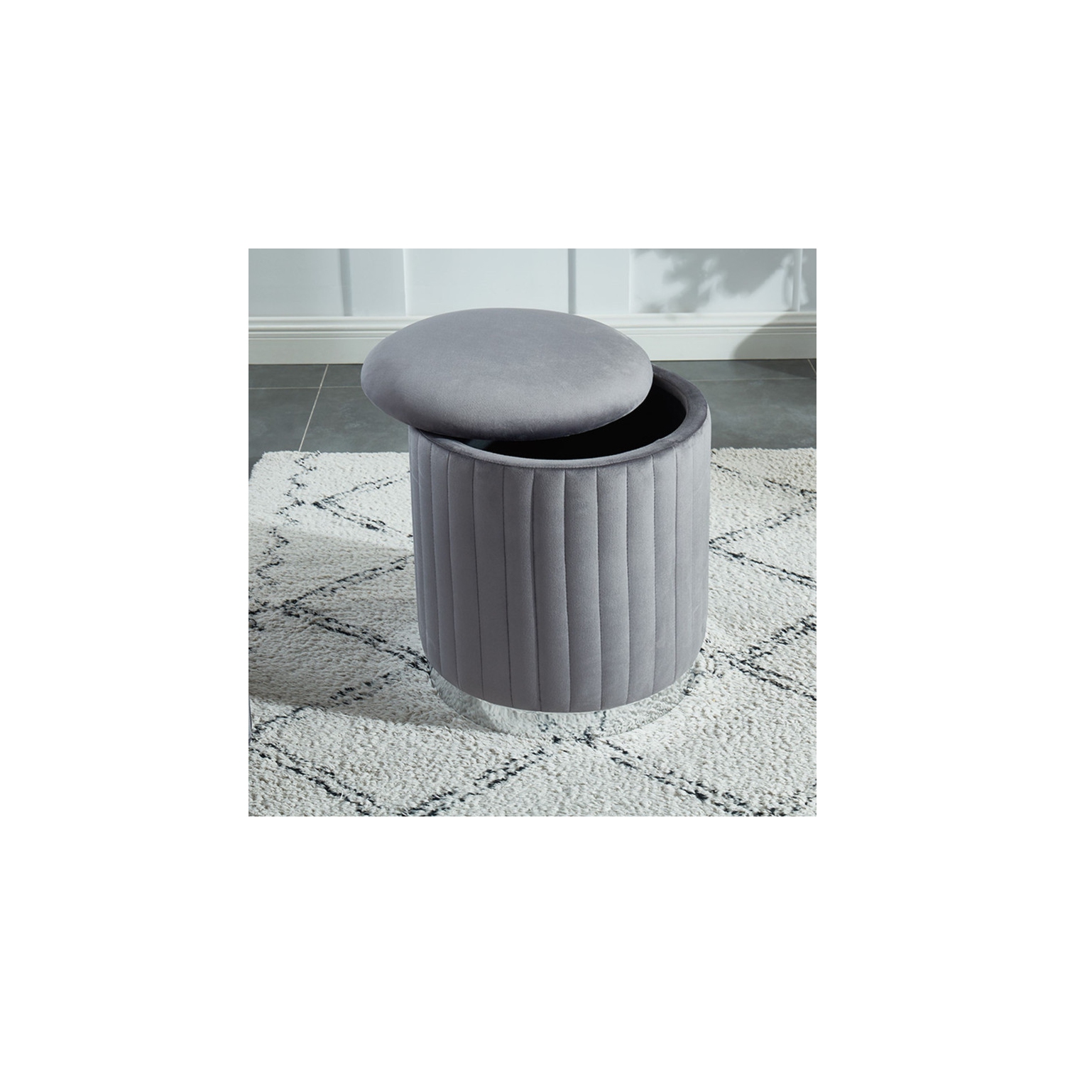Charlotte Velvet Round Ottoman With Silver Base