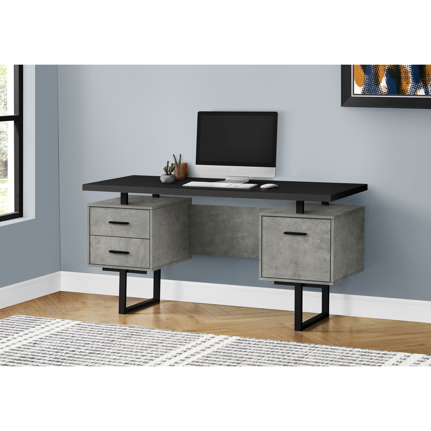 Monarch Floating 60"W Computer Desk with 3 Drawers - Black/Concrete