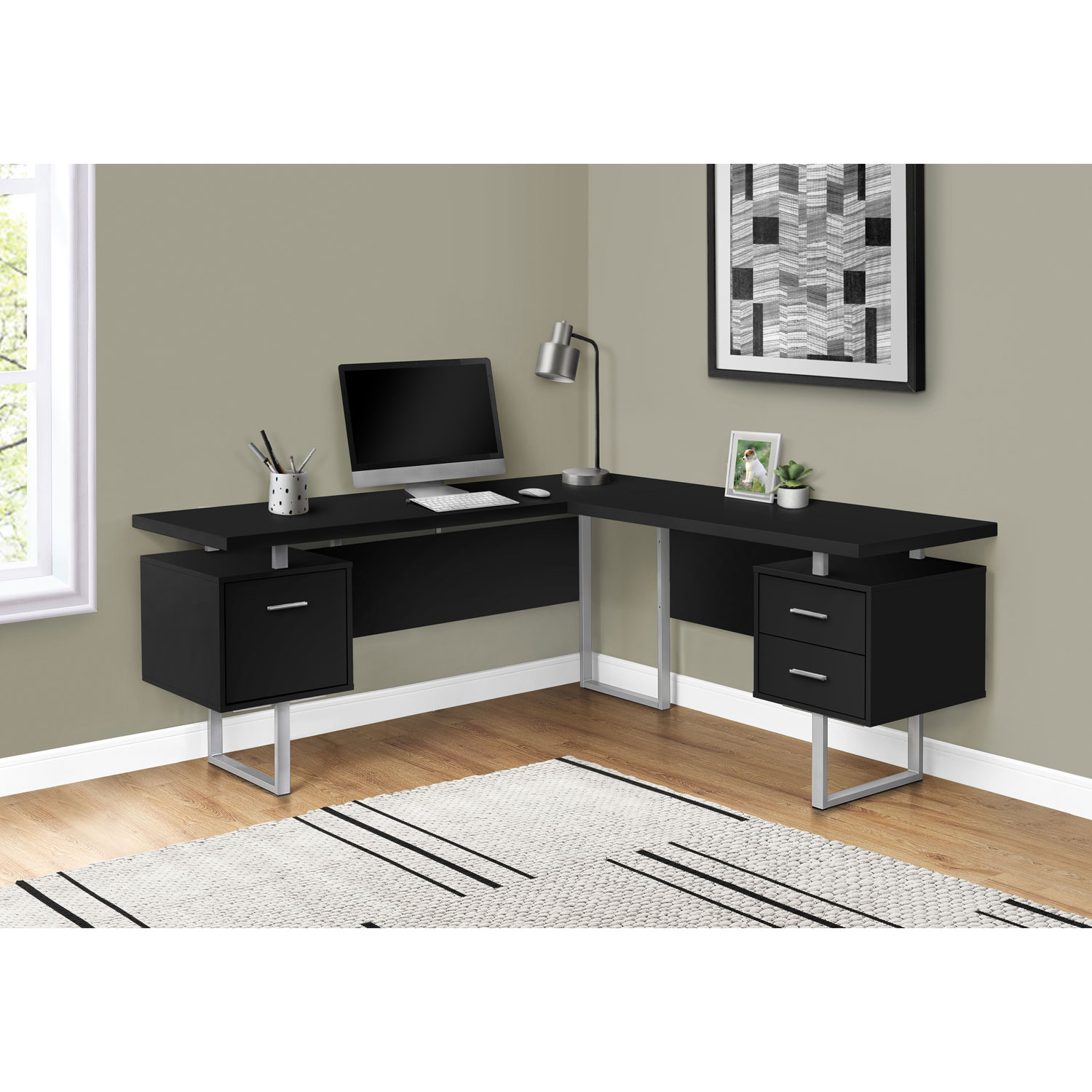 Bureau d'ordinateur en angle avec 3 tiroirs de 71 po de largeur de Monarch - Noir