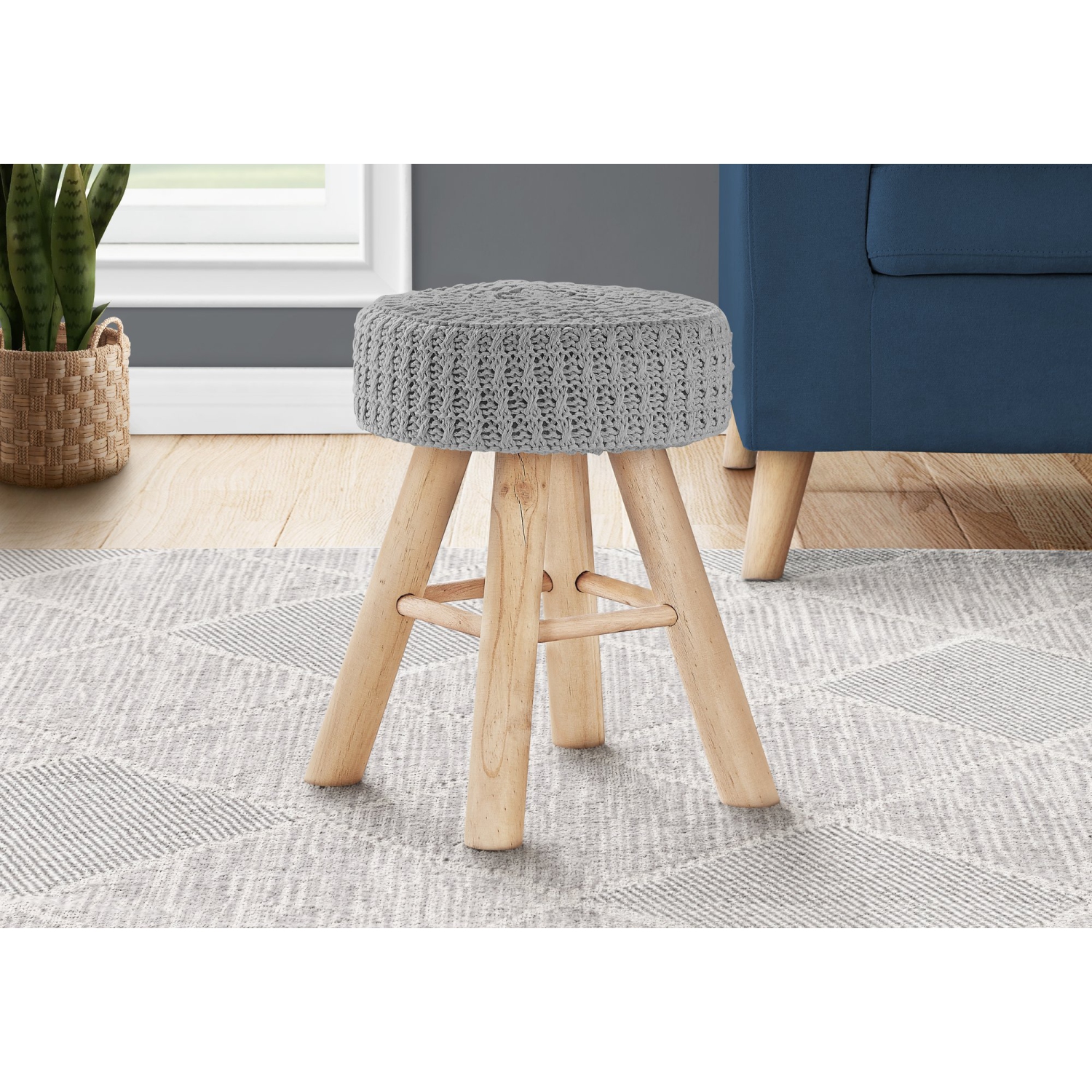 Monarch Specialties I 9013 Ottoman - Grey Knit / Natural Wood Legs