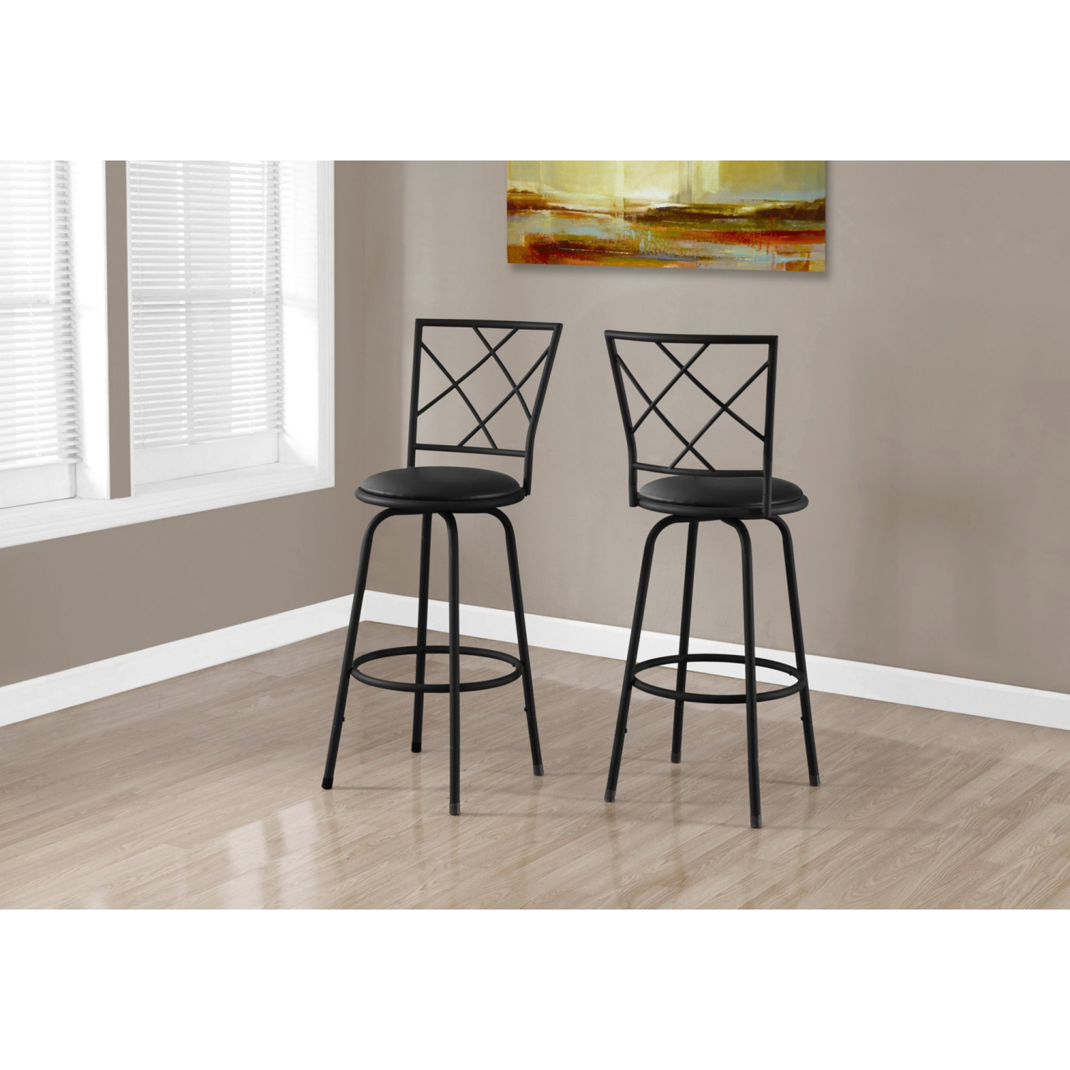 Monarch Specialties I 2375 Barstool - 2pcs / Swivel / Black /black Leather-look Seat