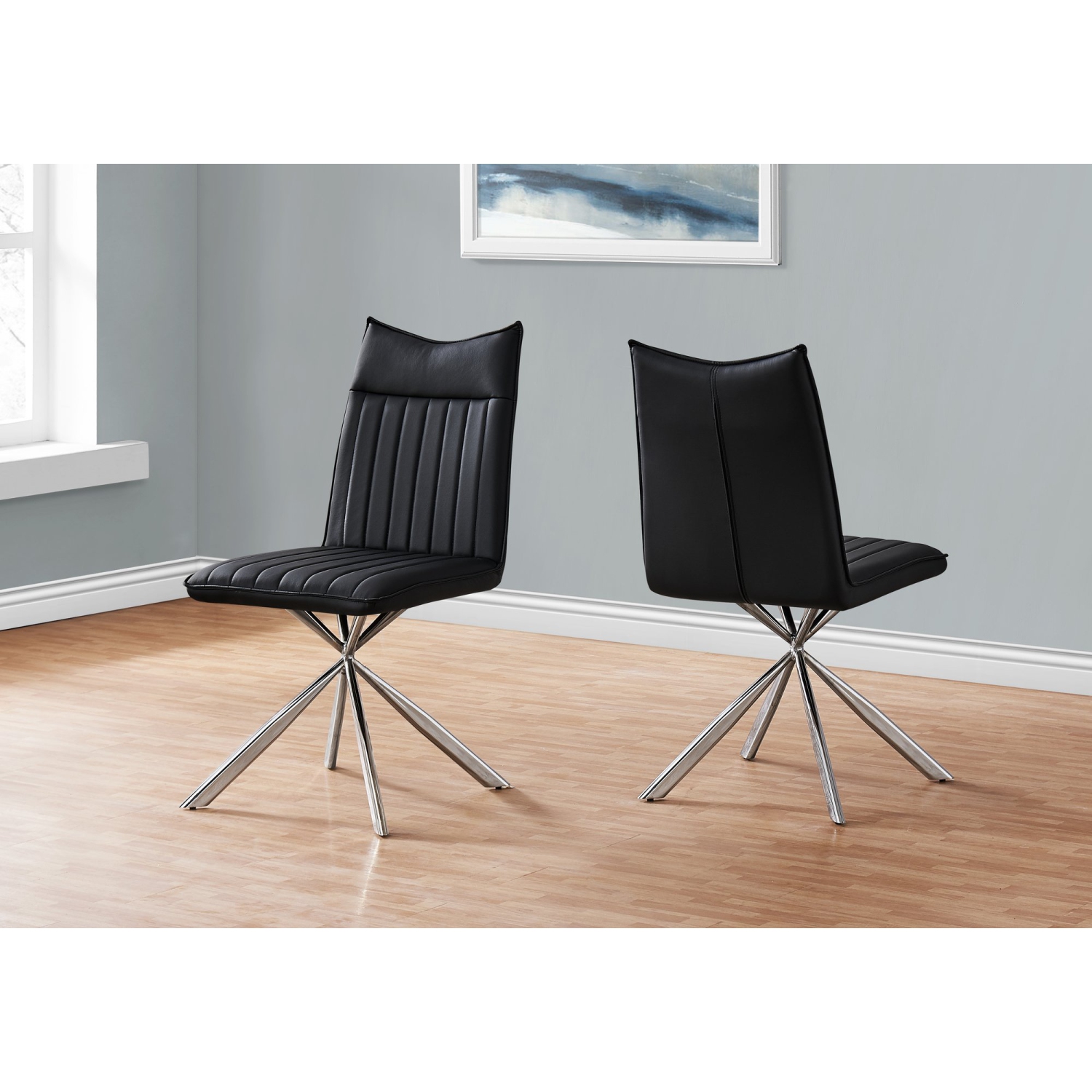 Monarch Specialties I 1213 Dining Chair - 2pcs / 36" High / Black Leather-look / Chrome