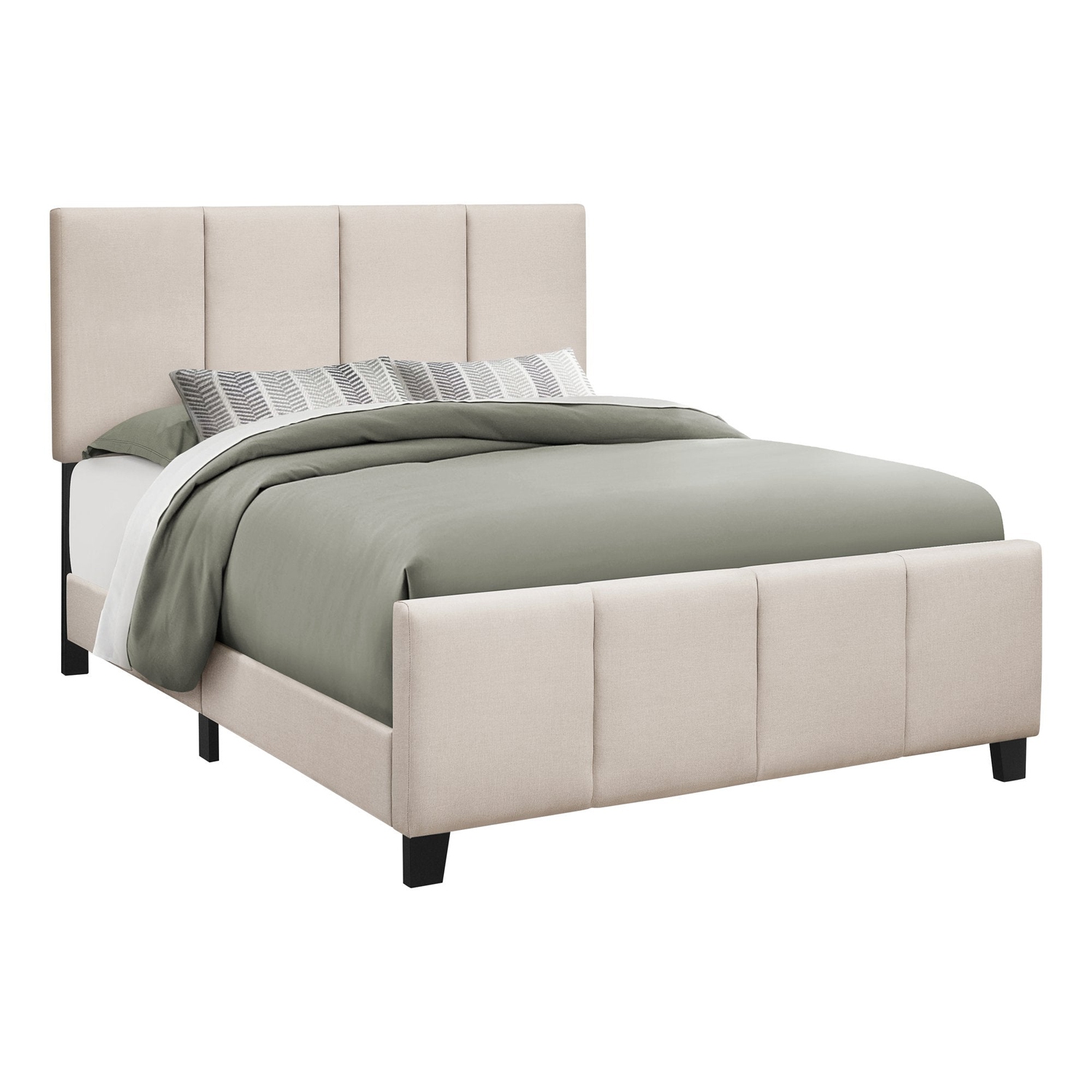 Monarch Specialties I 6026Q Bed, Queen Size, Platform, Bedroom, Frame, Upholstered, Linen Look, Wood Legs, Beige, Black, Transitional