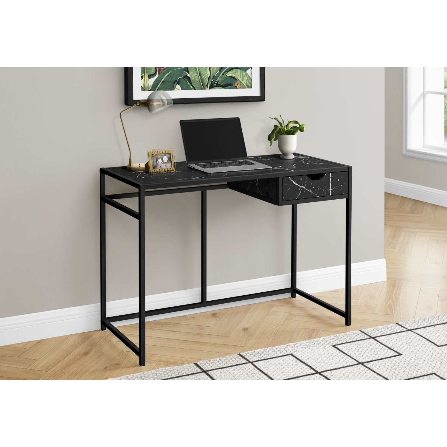 Monarch Specialties I 7572 Computer Desk - 42" Long / Black Marble-look / Black Metal