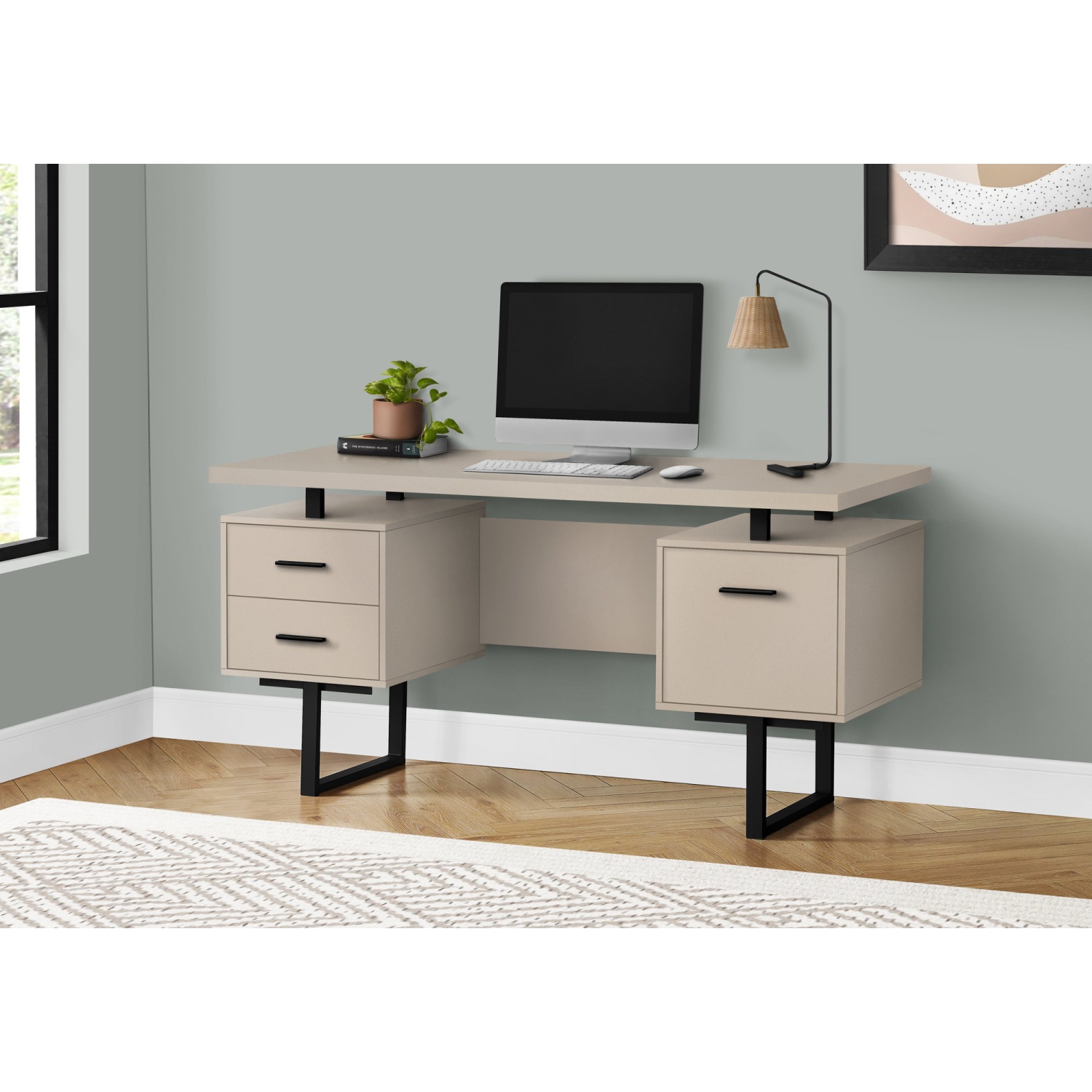 Monarch Specialties I 7629 Computer Desk - 60" Long / Modern Taupe / Black Metal