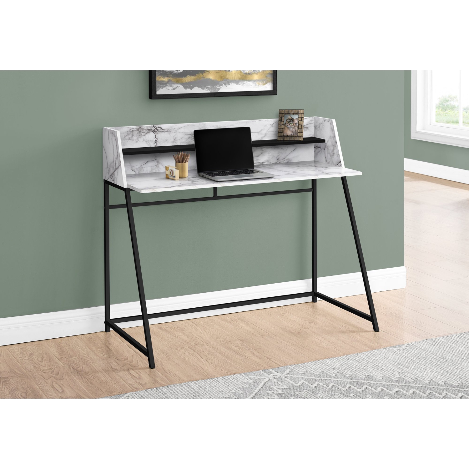 Monarch Specialties I 7549 Computer Desk - 48" Long / White Marble-look / Black Metal