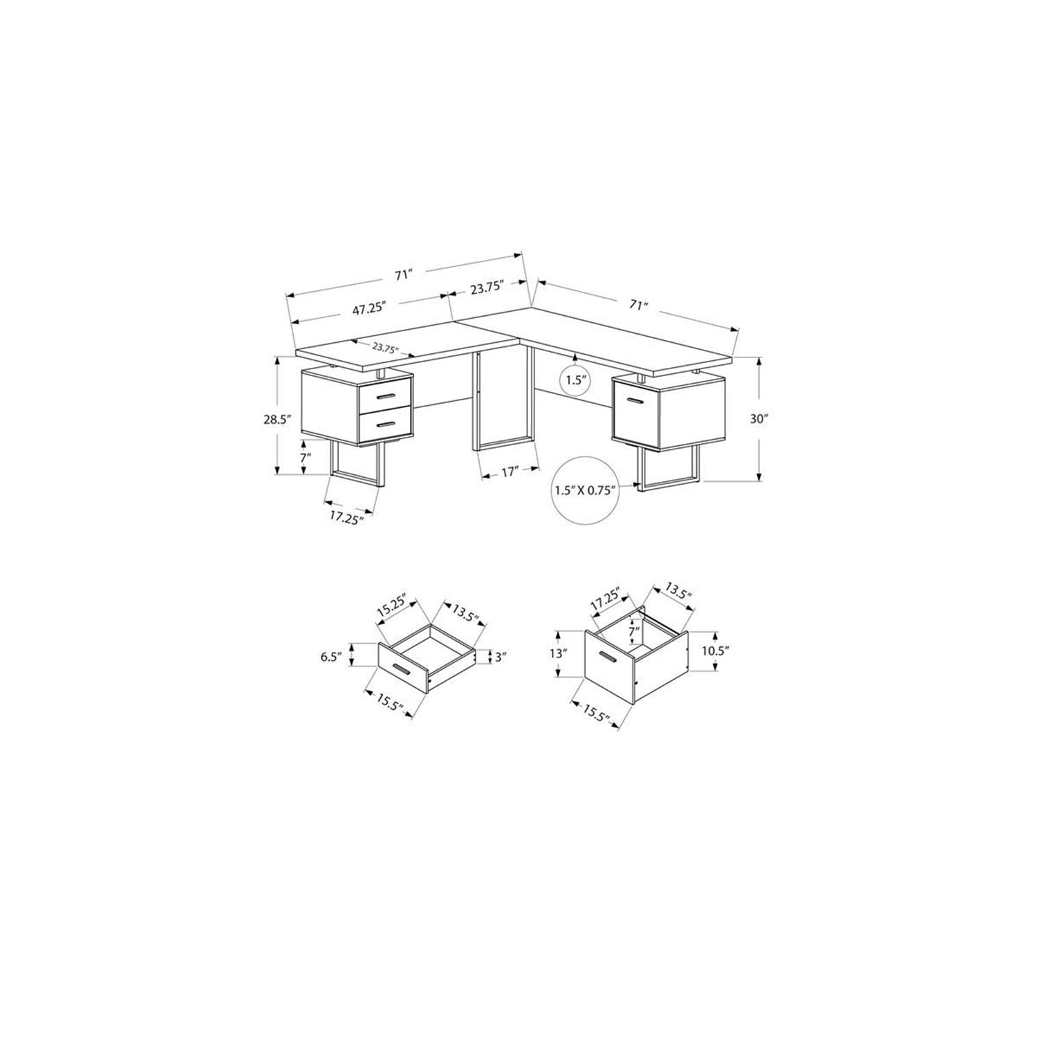 Monarch Specialties I 7610 Computer Desk, Home Office, Corner, Left, Right Set-up, Storage Drawers, 70"l, L Shape, Work, Laptop, Metal, Laminate,