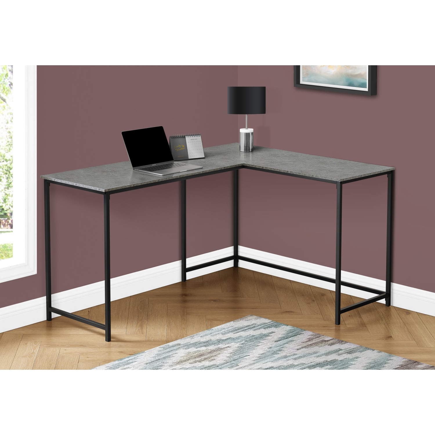 Monarch Specialties I 7392 Computer Desk - 58" Long/ Grey Stone-look/ Black Metal Corner