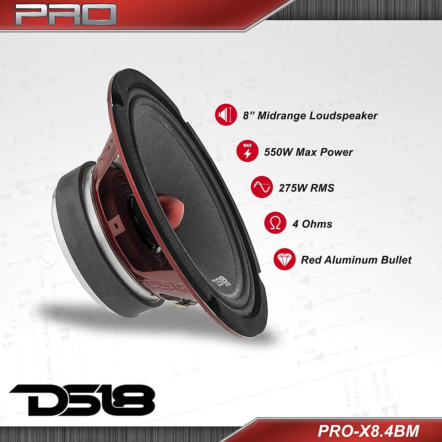 DS18 PRO-X8.4BM 8" Midrange Speaker 4-ohm, 800 Watt - Sold Individually