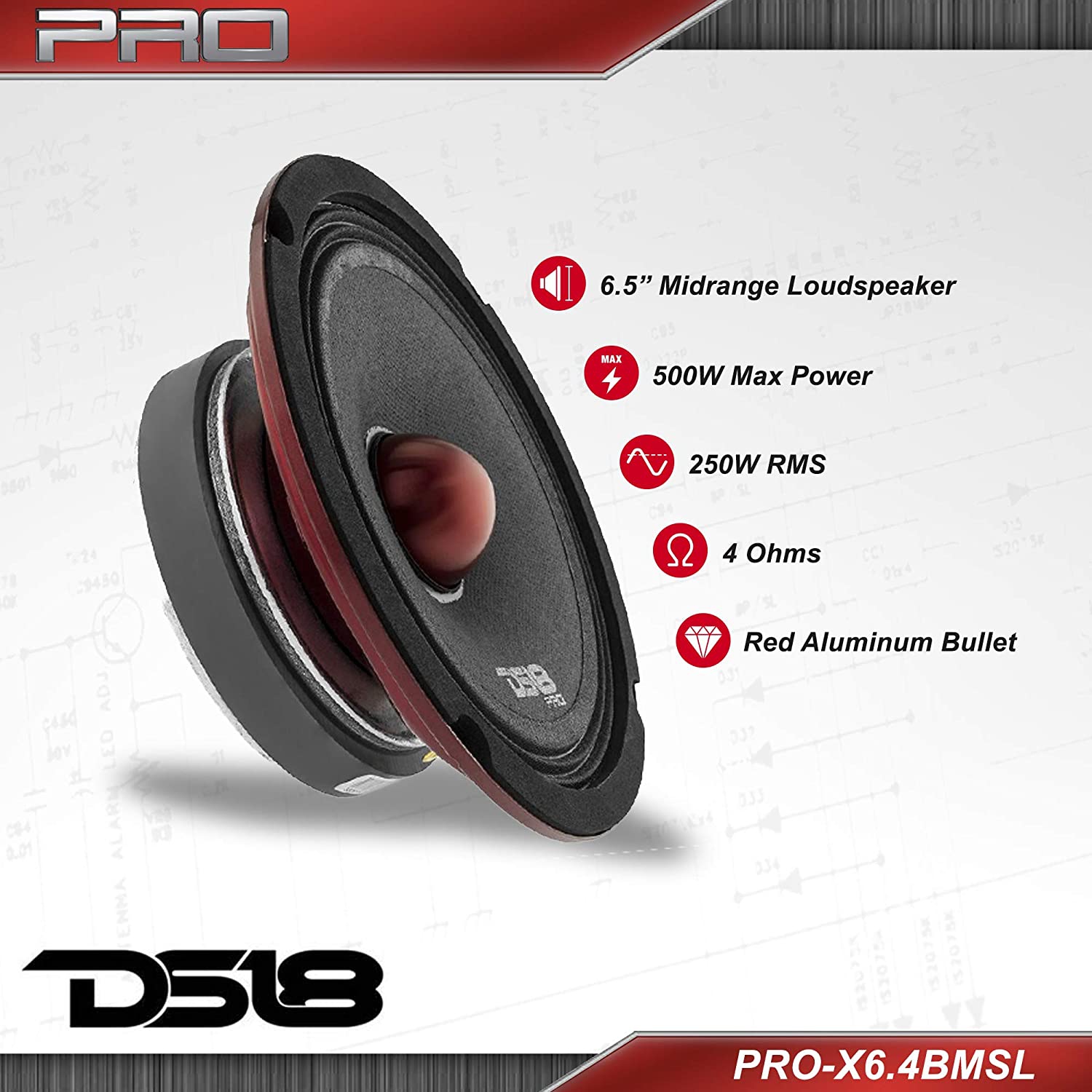 DS18 PRO-X6.4BMSL 500W Max 4-ohm Shallow-mount 6.5" Midrange Speaker - Sold Individually