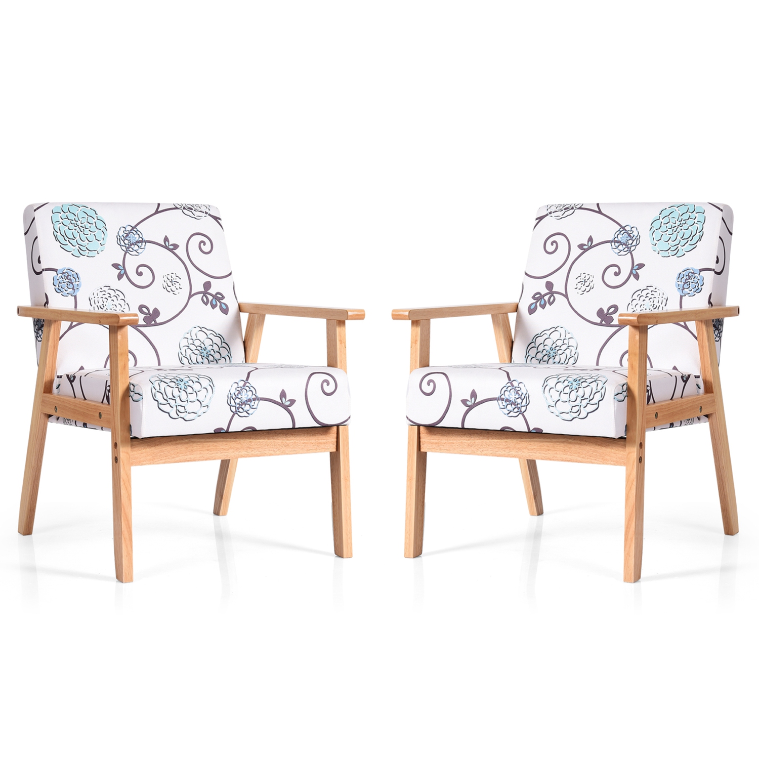 Gymax 2PCS Accent Armchair Upholstered Chair Home Office w/ Wooden Frame White/Blue/Yellow