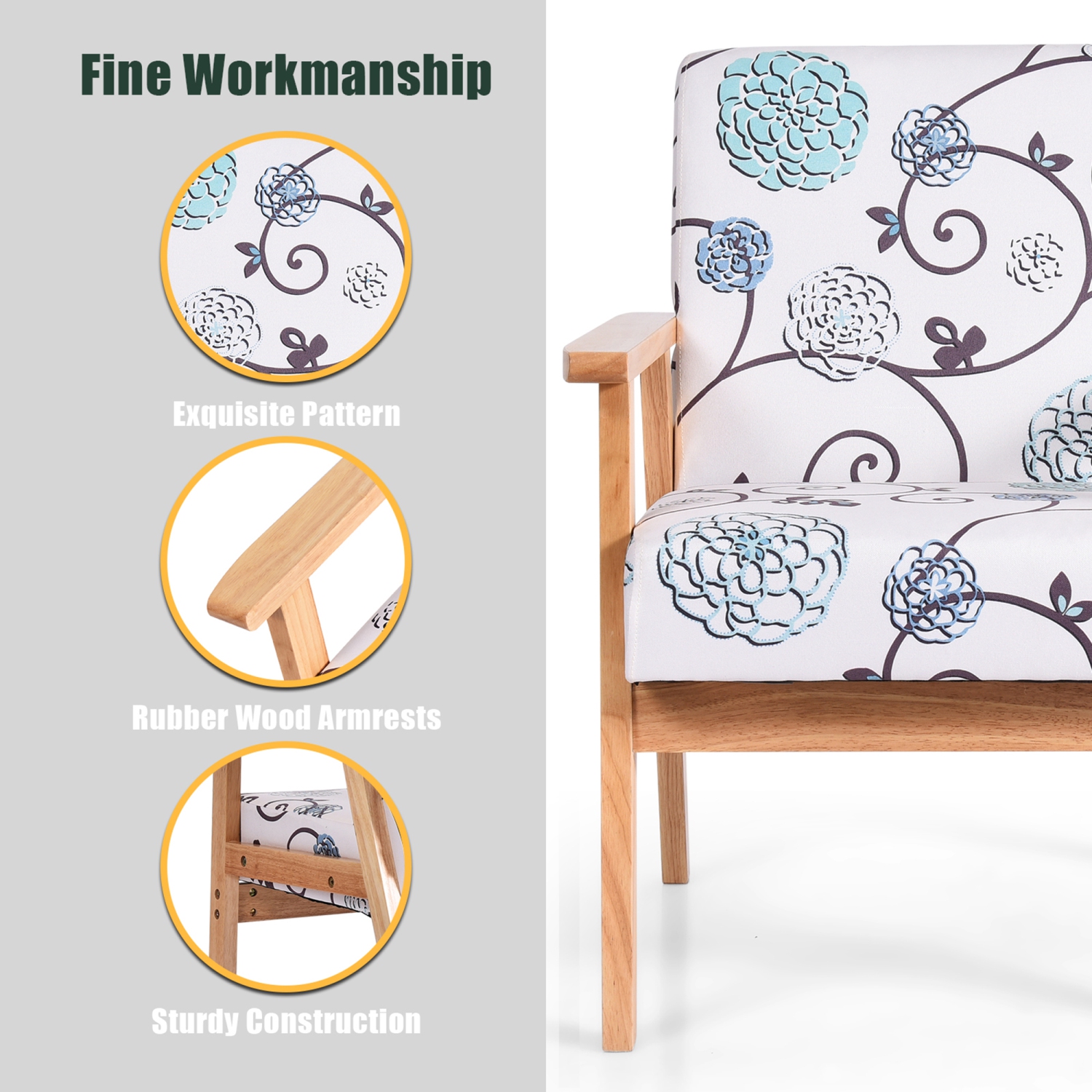 Gymax 2PCS Accent Armchair Upholstered Chair Home Office w/ Wooden Frame White/Blue/Yellow