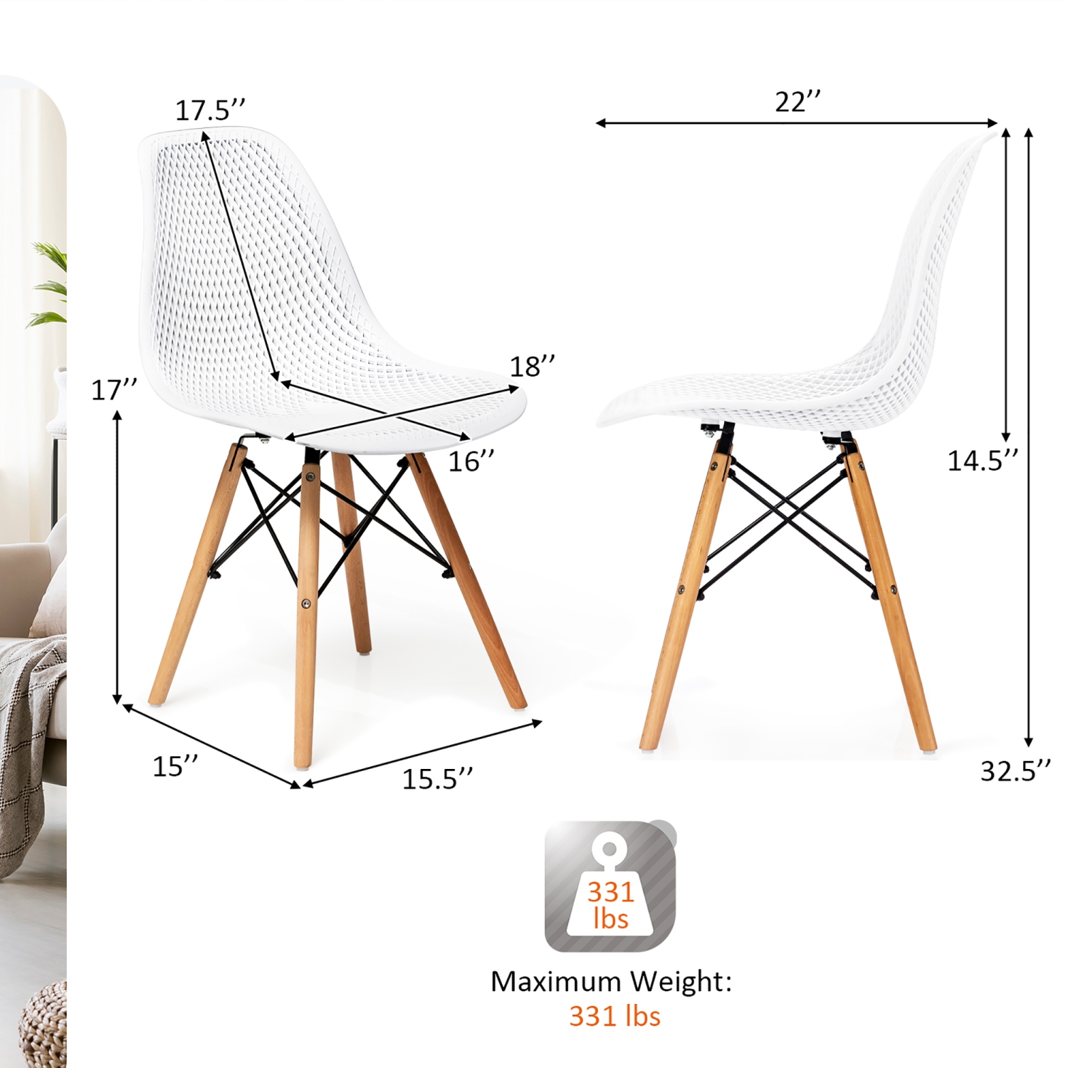 Costway Set of 4 Plastic Hollow Out Chair Mid Century Modern Wood-Leg Seat