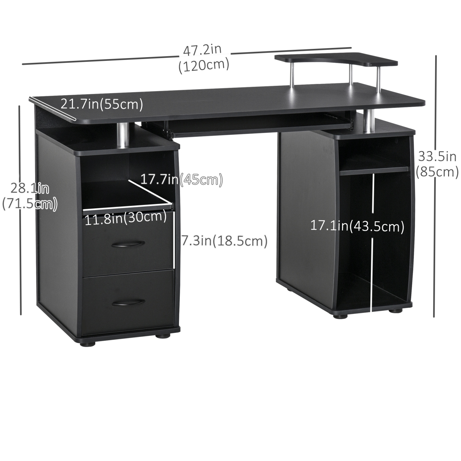 Bureau d'ordinateur de HOMCOM avec plateau pour clavier, bureau à domicile avec tiroirs, support pour unité centrale, support pour imprimante et