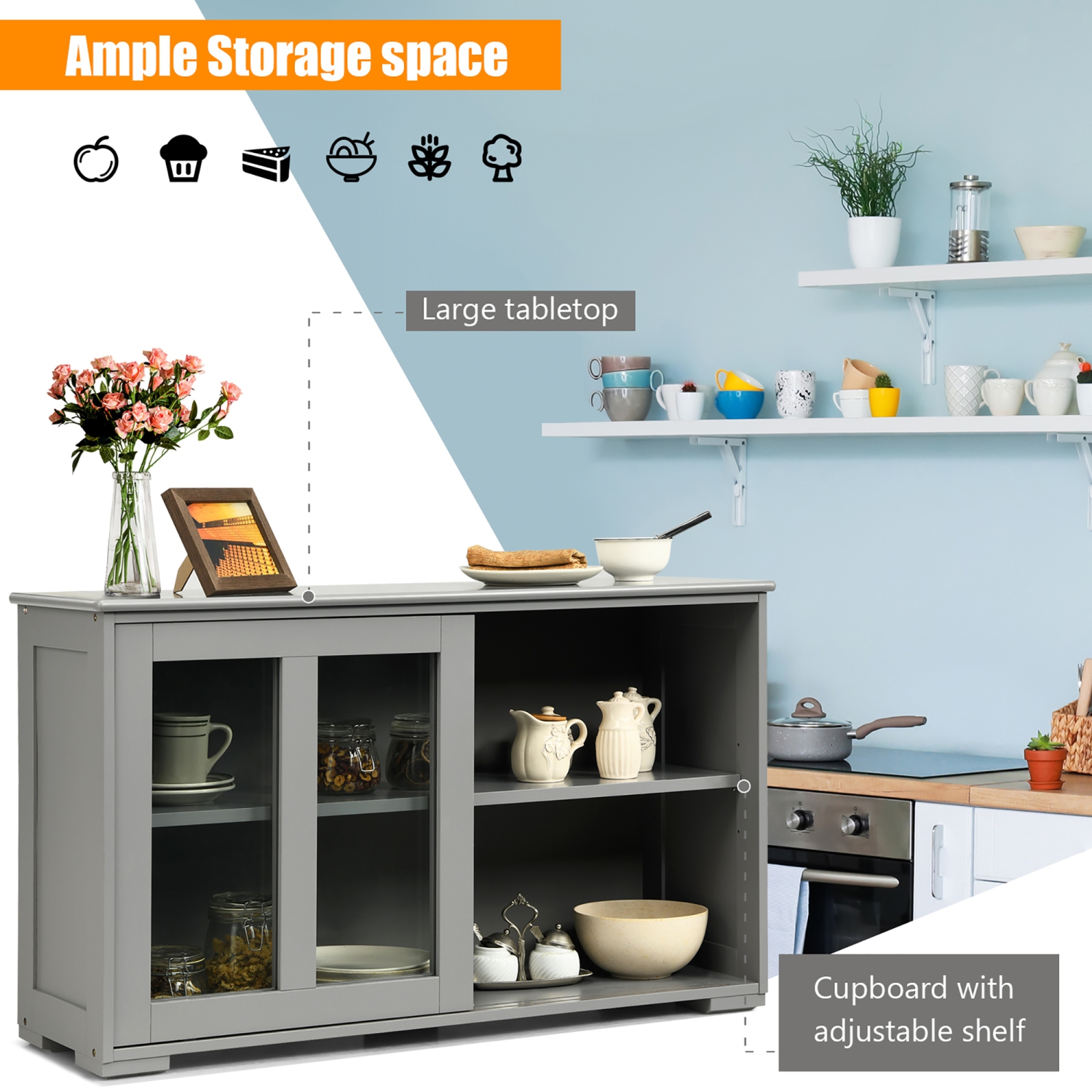 Costway Kitchen Storage Cabinet Sideboard Buffet Cupboard w/ Sliding Door Gray