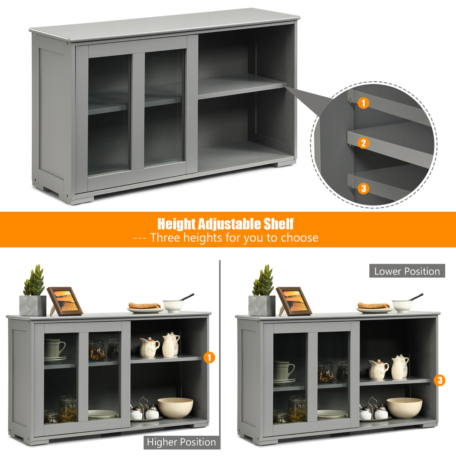 Costway Kitchen Storage Cabinet Sideboard Buffet Cupboard w/ Sliding Door Gray