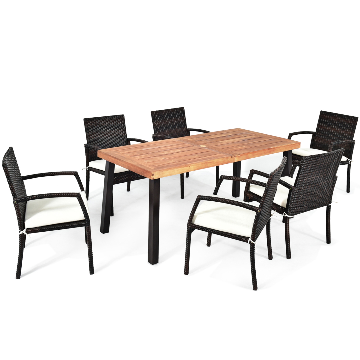 Gymax 7PCS Patio Rattan Dining Set Wooden Table Top Cushioned Chair Garden