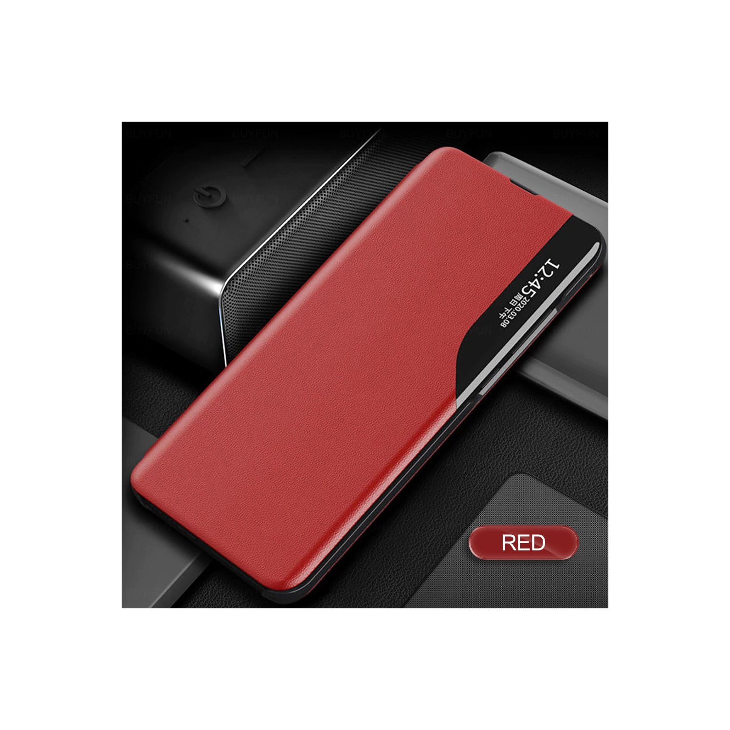 Smart Case window view leather Magnetic stand fundas phone cover Coque for Samsung Galaxy S21 Ultra (Red)